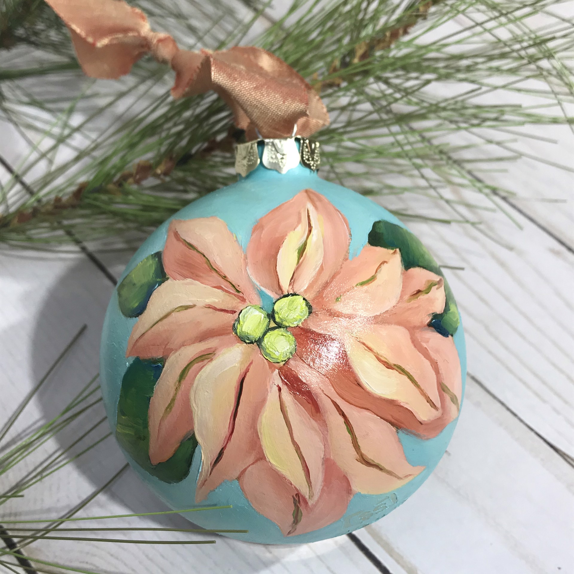 Glad Tidings - Coral & Teal Poinsettia Ornament by Sharon Sudduth