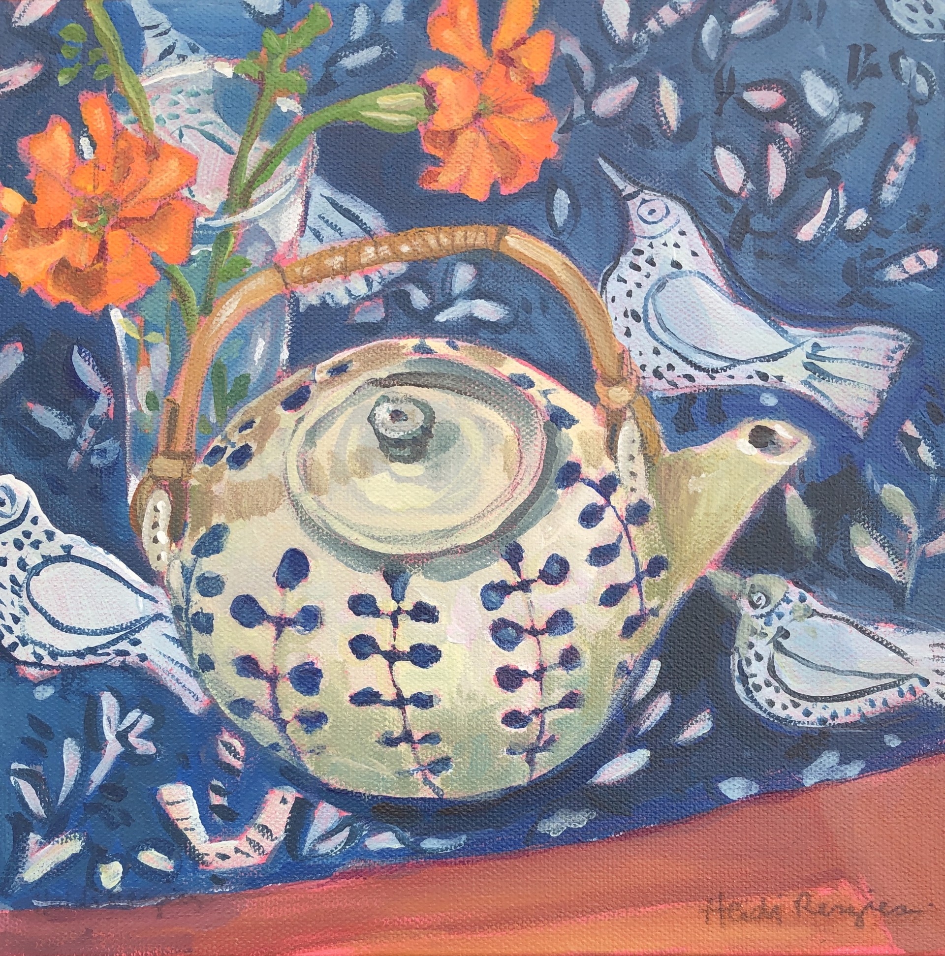 Marigolds, Teapot, Indigo Cloth by Heidi Reszies
