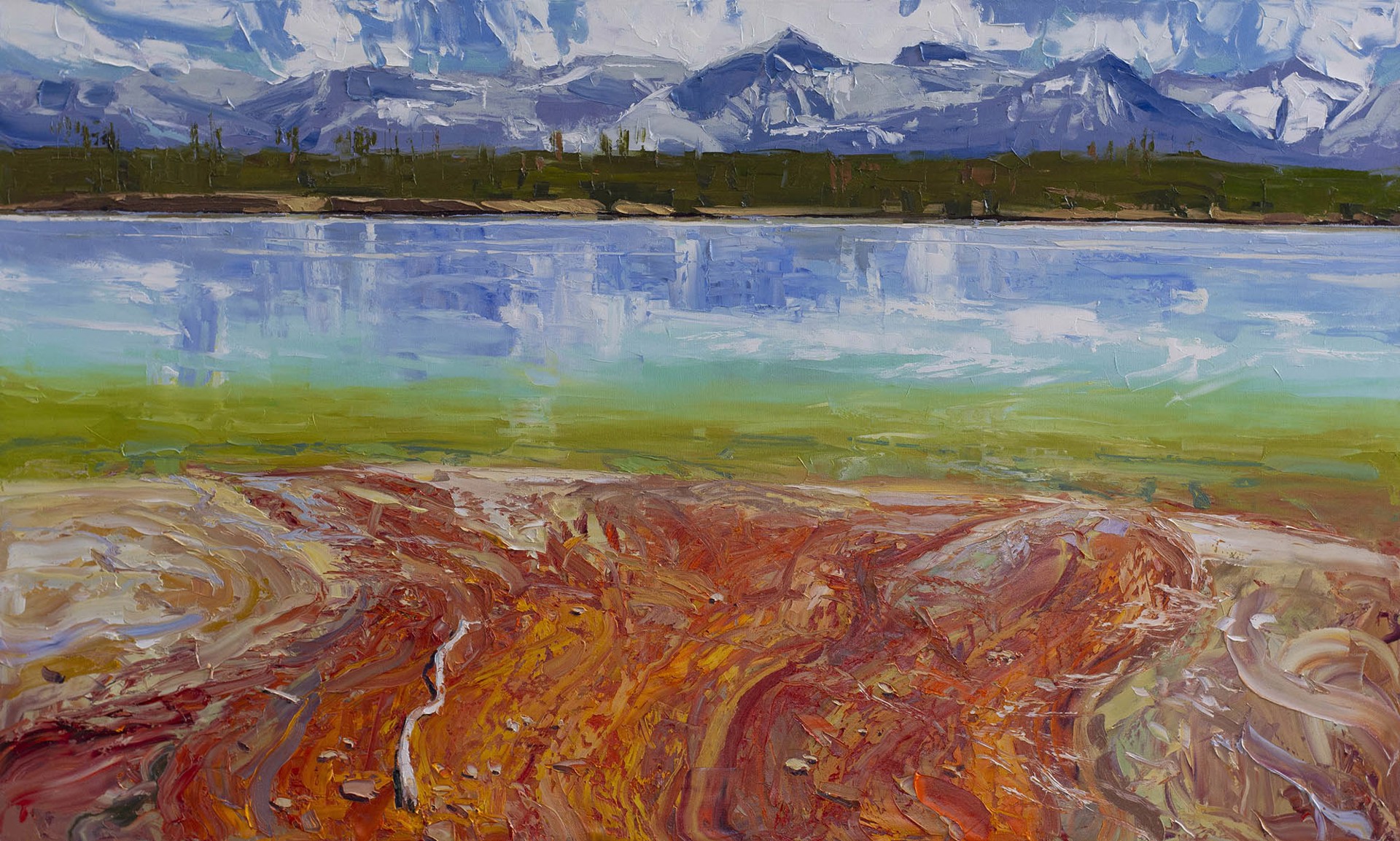 Original Oil Landscape Painting Featuring Yellowstone Geo Thermal Features With Distant Purple Mountains In Background