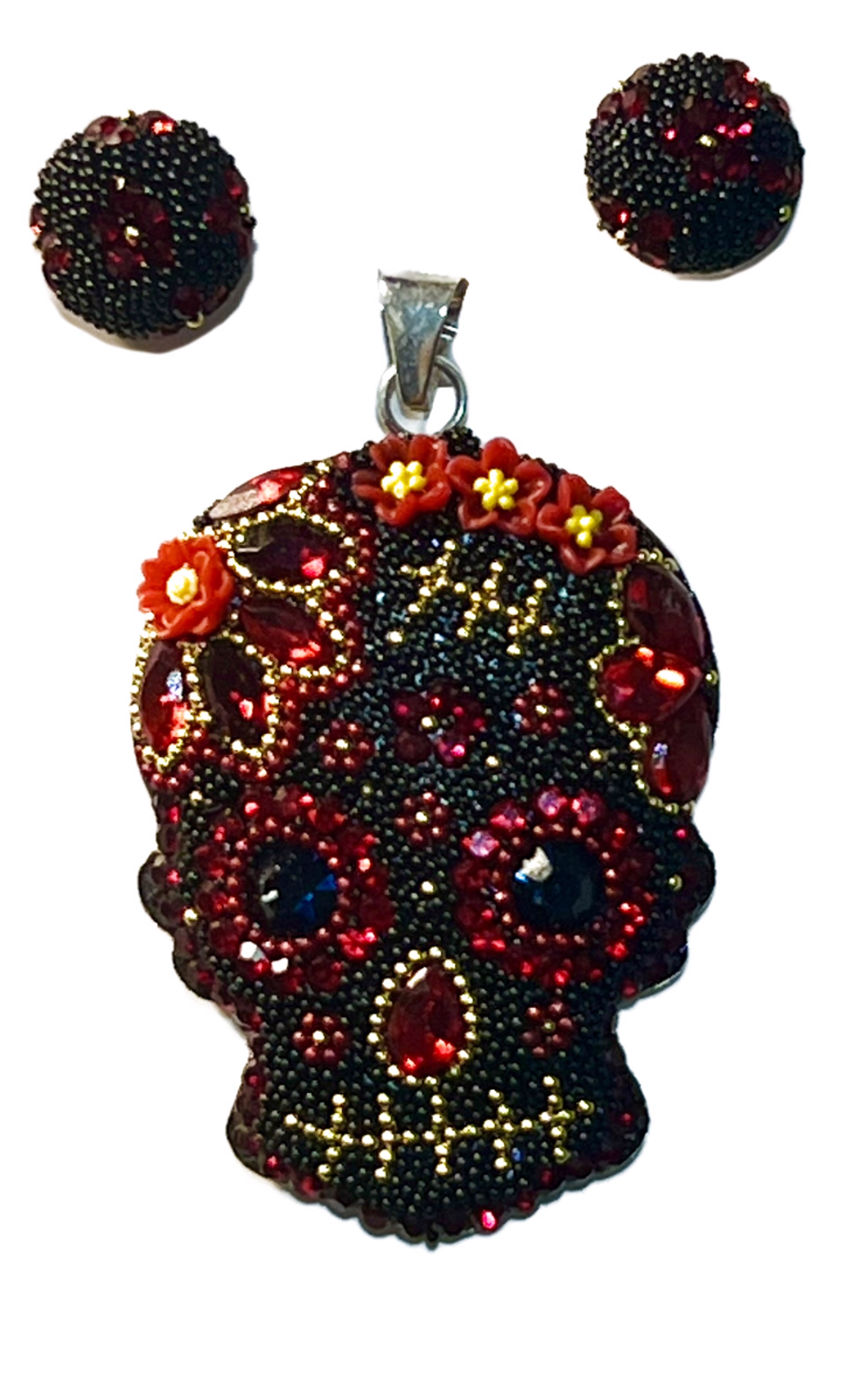 Swarovski Crystal Sugar Skull Pendant and Earring Set by Indigo Desert Ranch - Day of the Dead