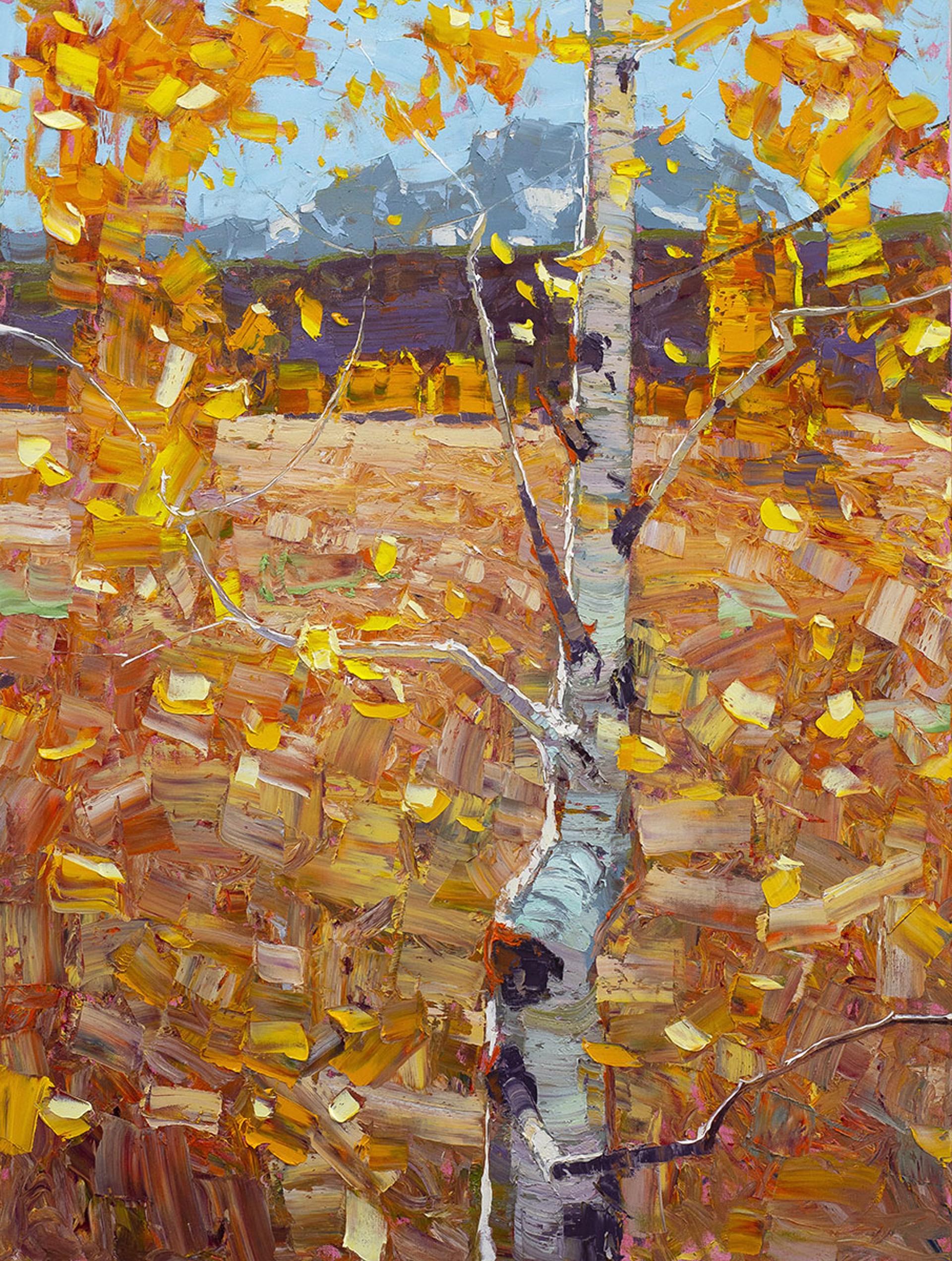 Aspen Scene With Teton Views Oil Painting Using Palette Knife Yellow Warm Colors