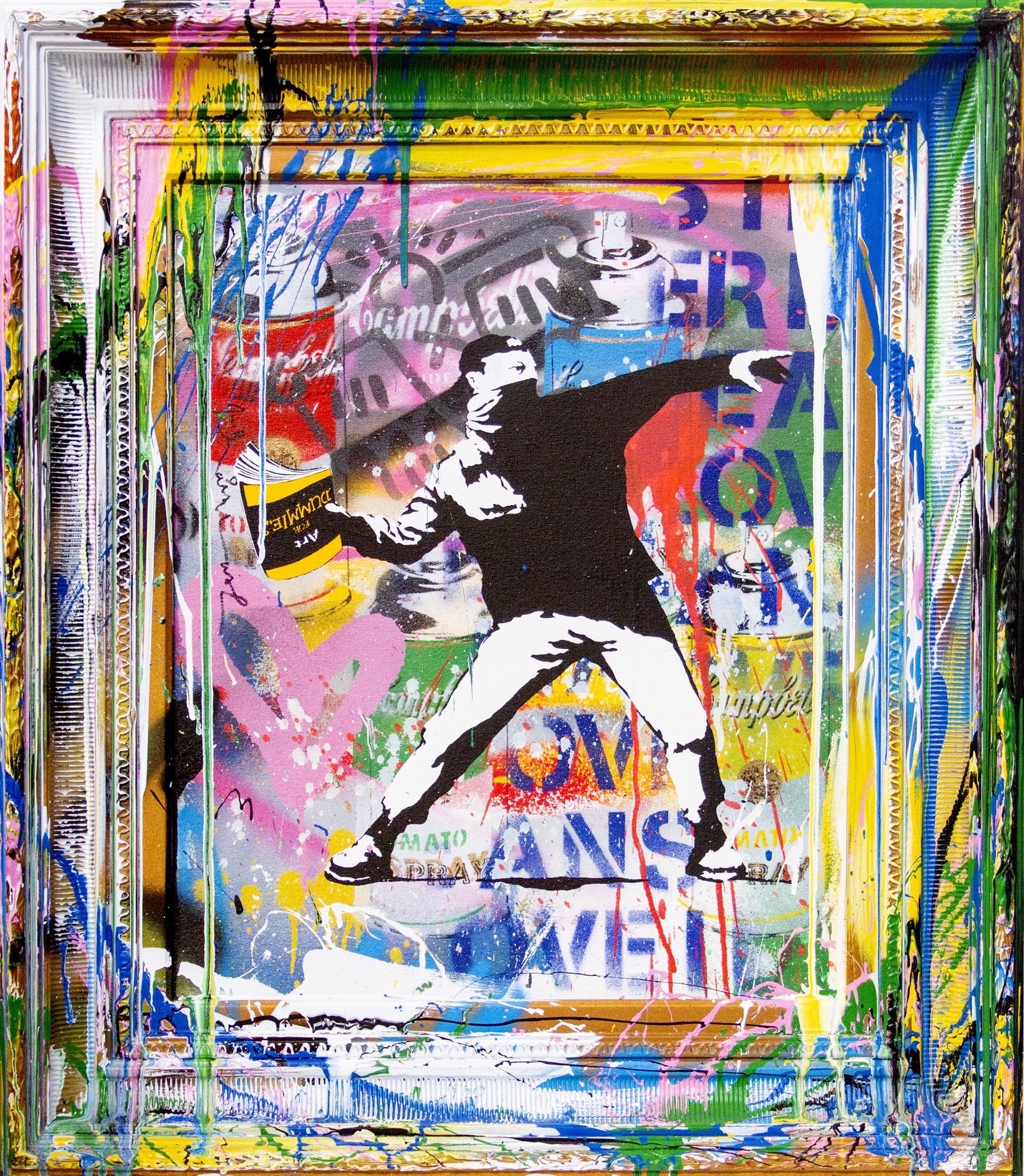 Banksy Thrower, Mr. Brainwash, 34 x 30 inches, Silkscreen and Mixed Media on Framed Canvas