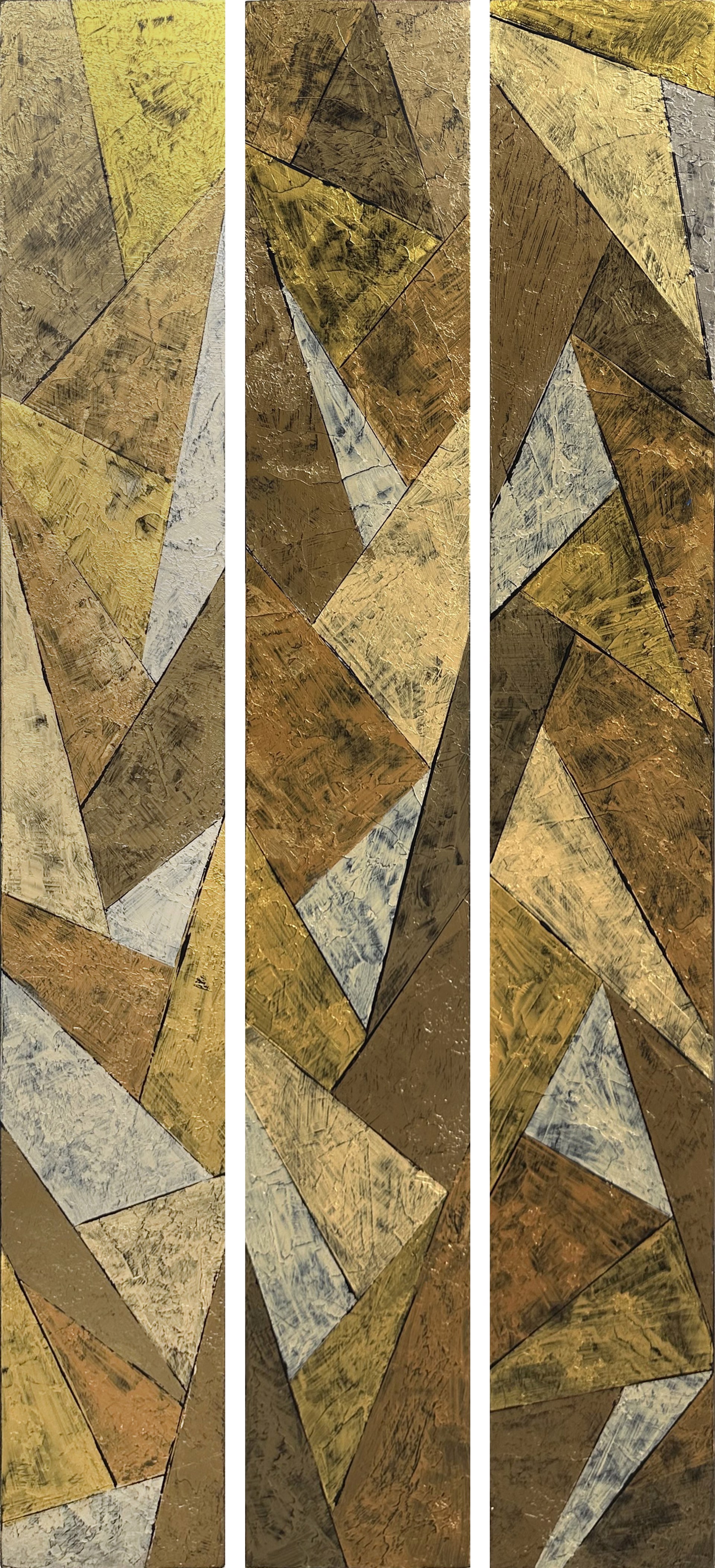 Three narrow panels featuring geometric patterns in different shades of gold