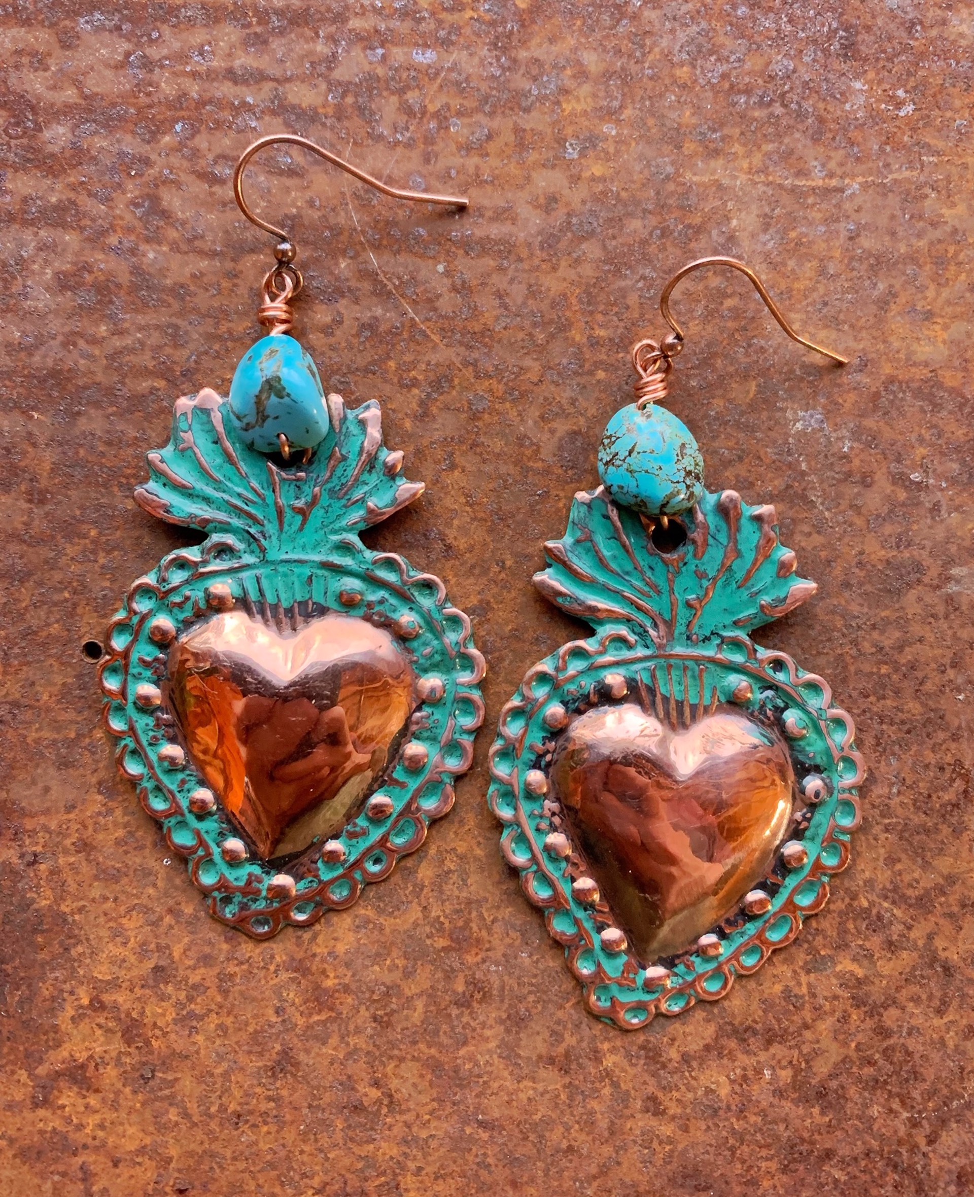 K802 Sacred Heart Earrings with Turquoise by Kelly Ormsby
