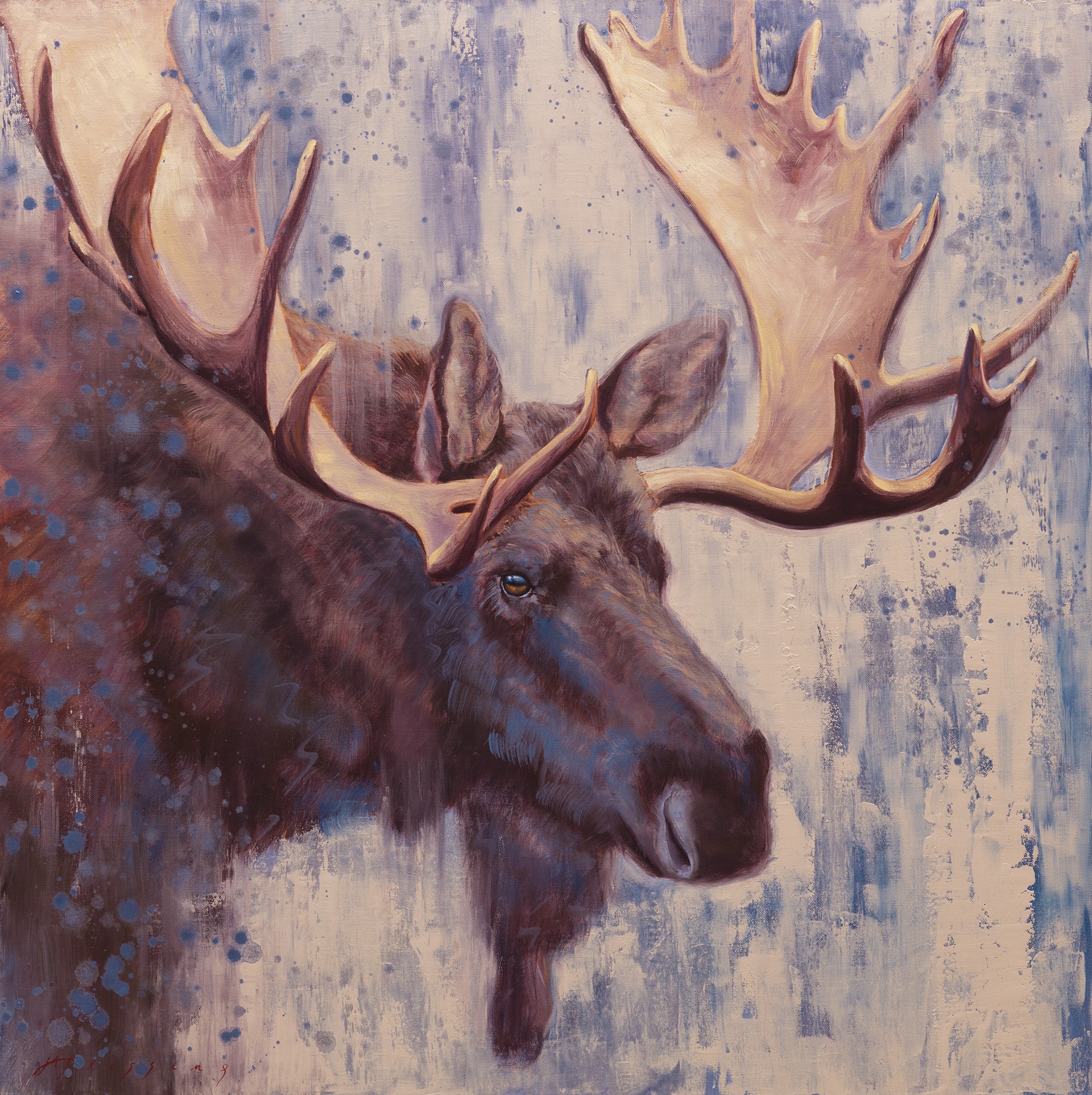 An  Original Oil Painting Of A Large Bull Moose Portrait With A Contemporary Background, By Megan Blessing 