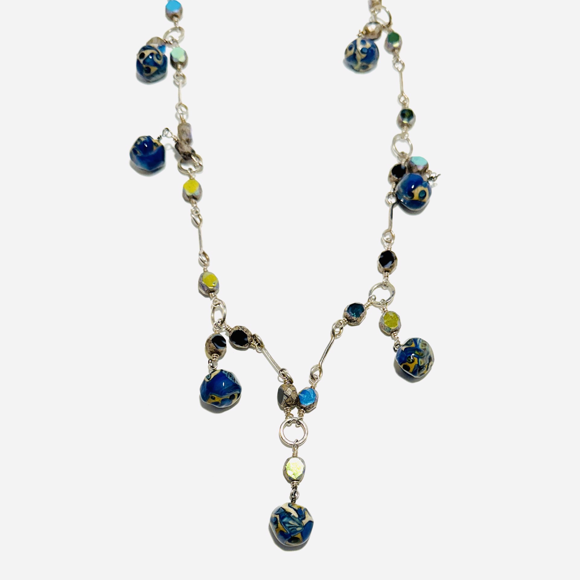 Ivory, Kronos and Murrini Drop Beads, European Glass and Handcrafted Sterling Link Necklace LS23-54 by Linda Sacra
