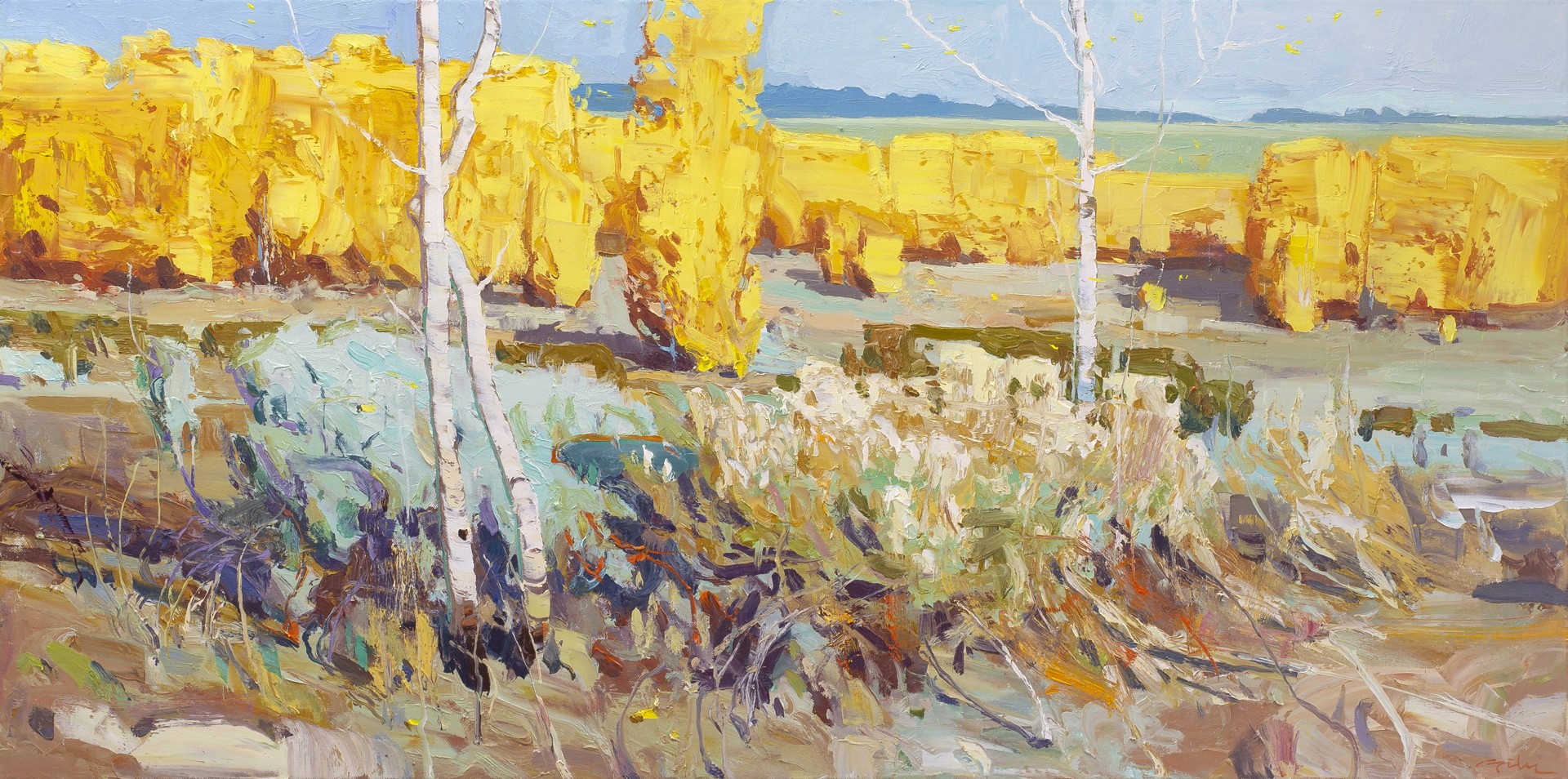 Original Oil Painting Featuring A Landscape With Yellow Trees And Distant Blue Mountain Horizon