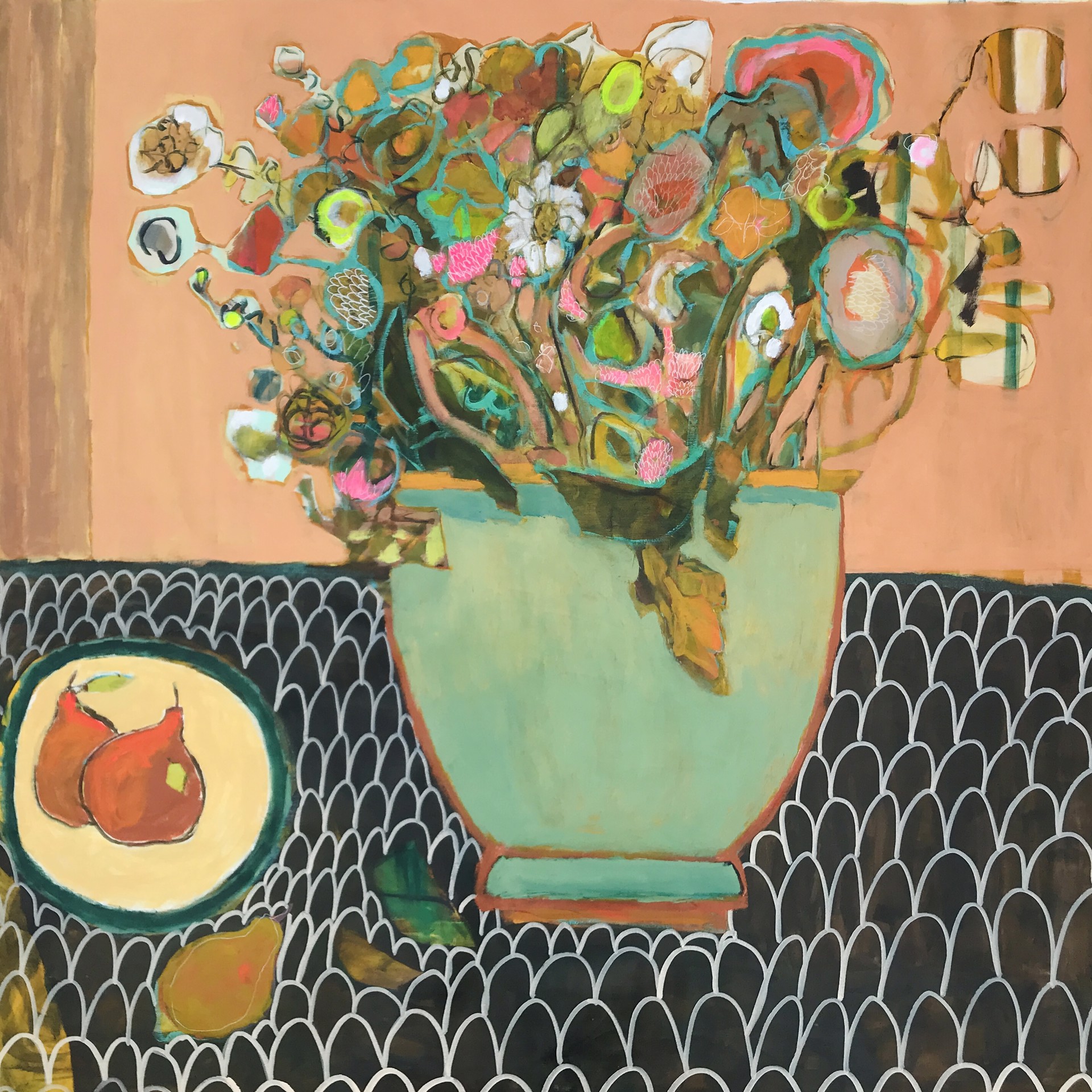 Bouquet in Pale Green Vase with Plate of Pears by Rachael Van Dyke