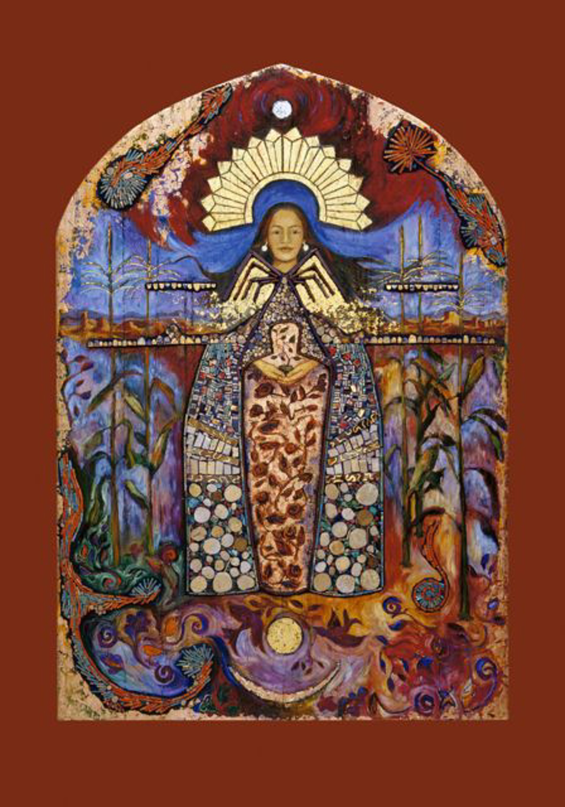 La Conquistadora, Dene Spider Woman, Pueoblan Corn Maiden Retablo by Cristina Acosta