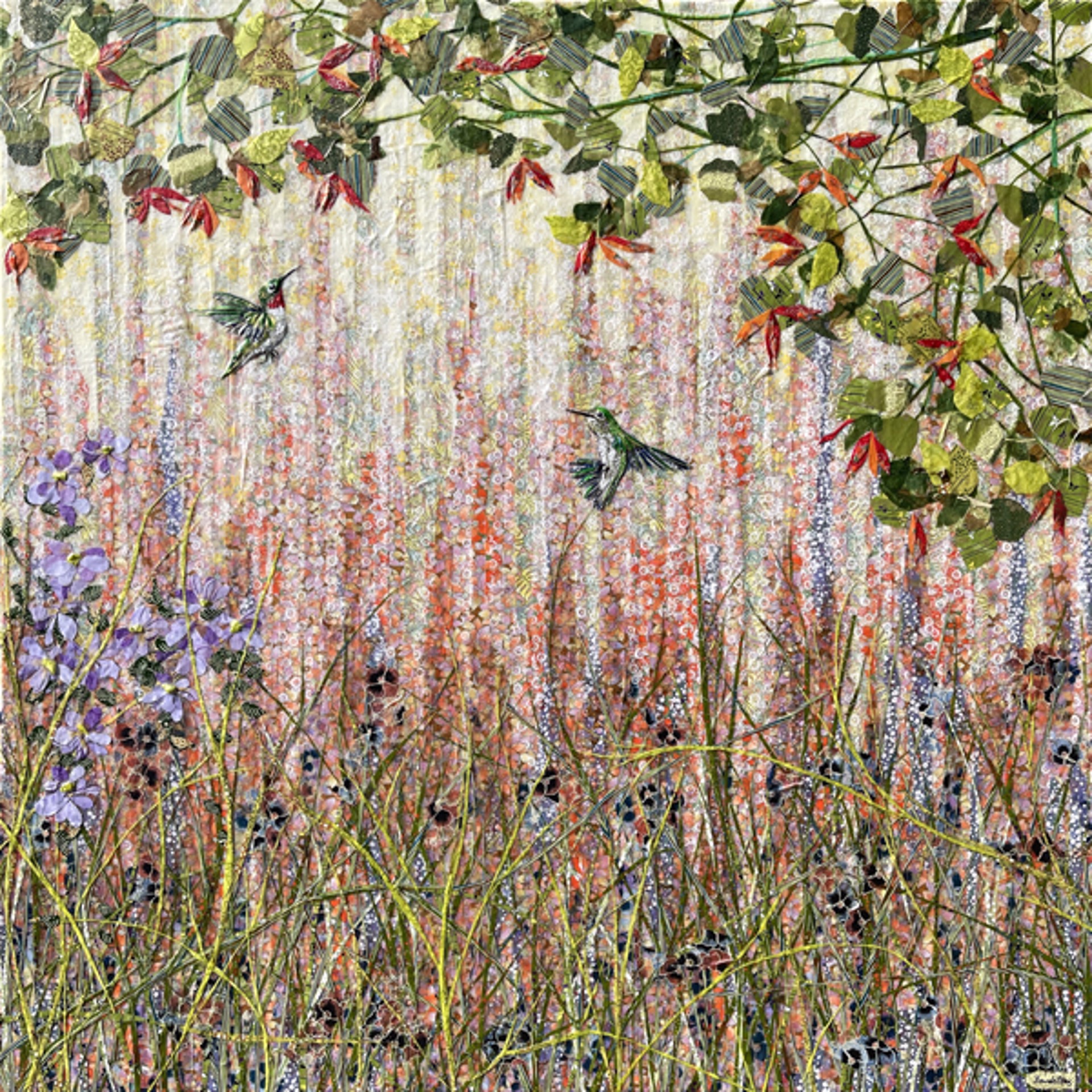 Ruby-throated Hummingbirds and Native Hibiscus Flowers -SOLD! by Laura Adams