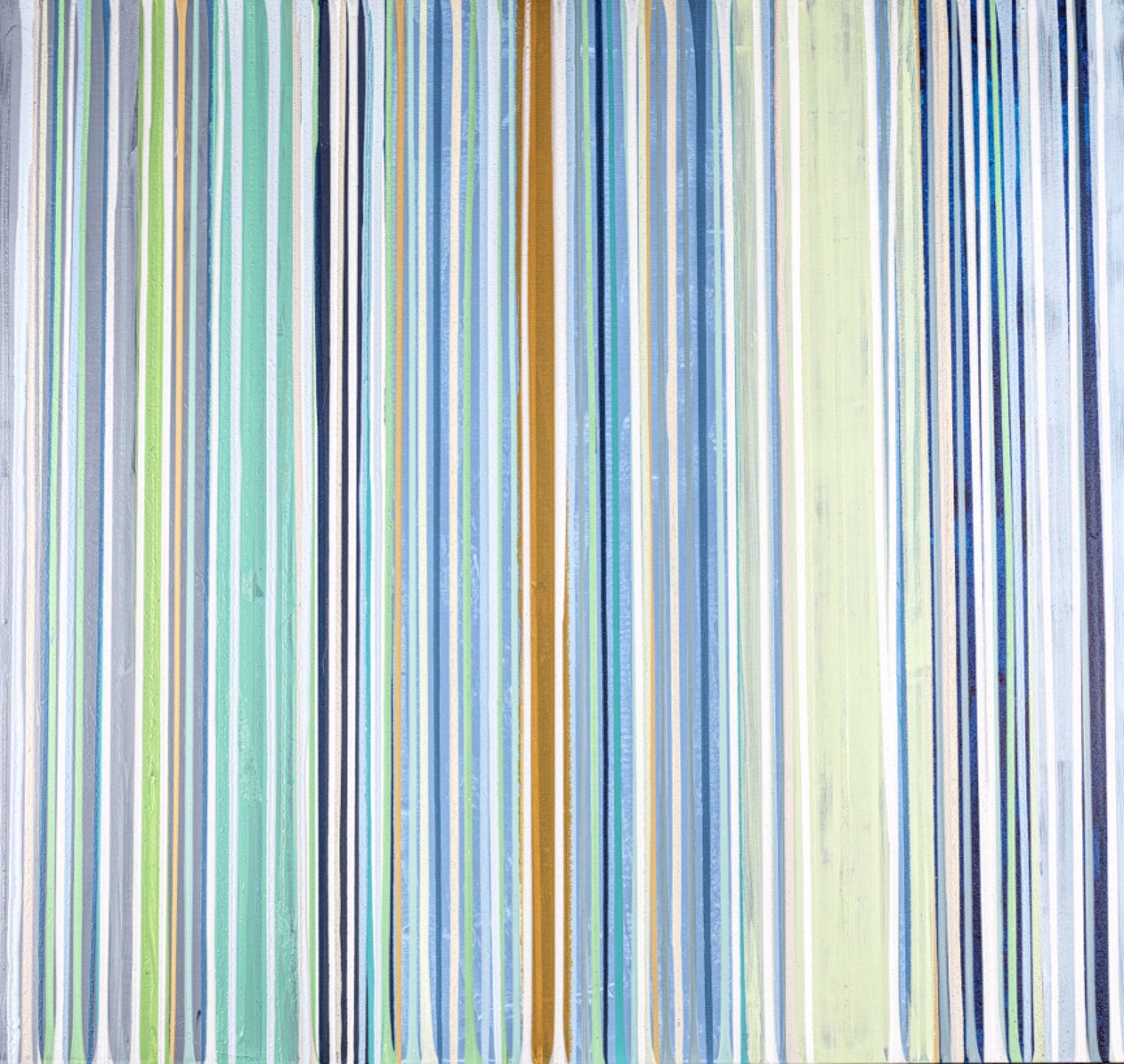 Linea 58, an abstract painting with blue, green, and yellow stripes by John Schuyler.