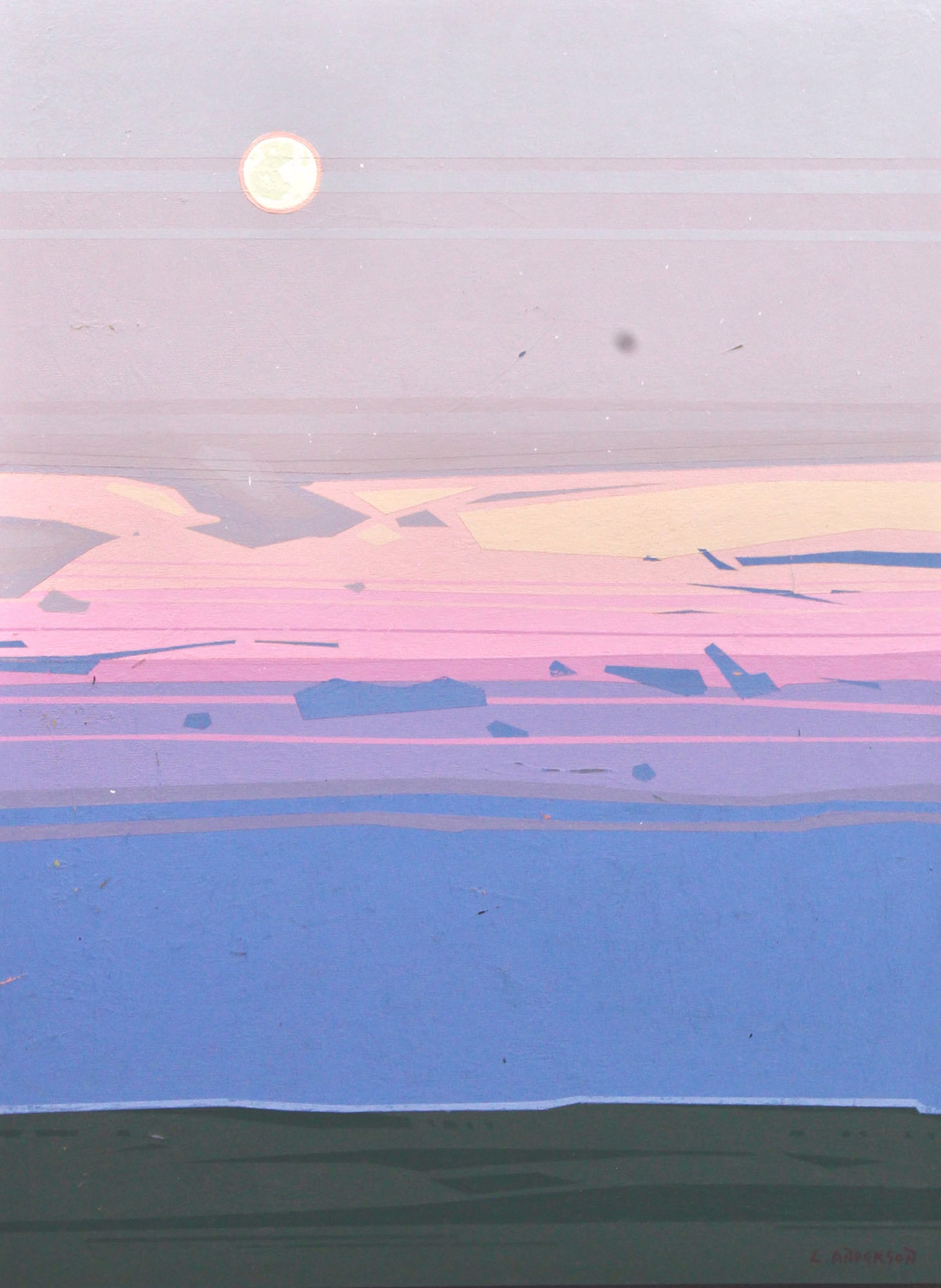 Original Painting By Luke Anderson Featuring A Graphic Prairie Landscape In Pink And Purple Tones With Full Moon