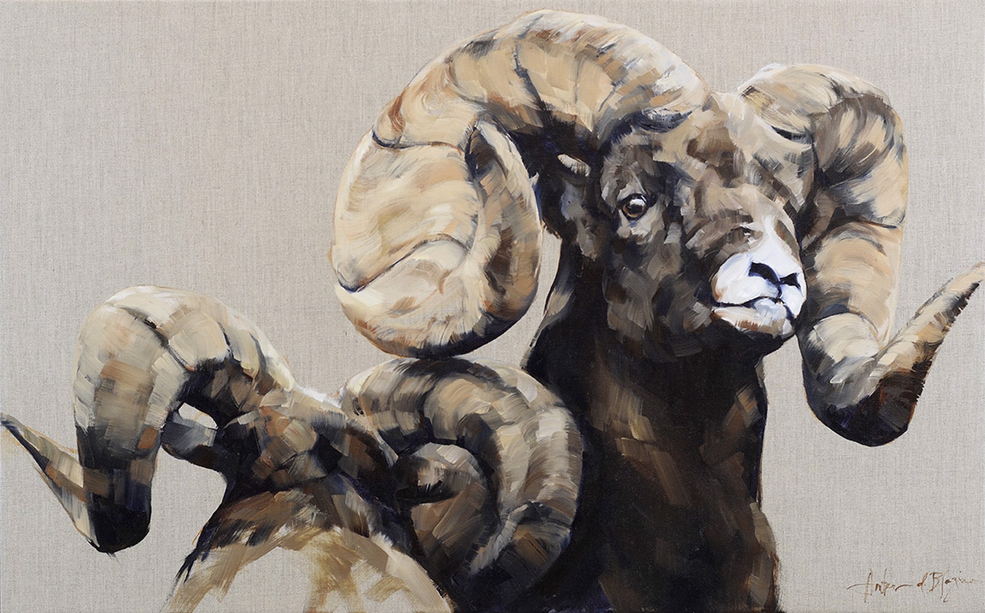 Contemporary Oil Painting Of Two Bighorn Sheep Facing Off With A Tan Background, Original Fine Art By Amber Blazina, Available At Gallery Wild