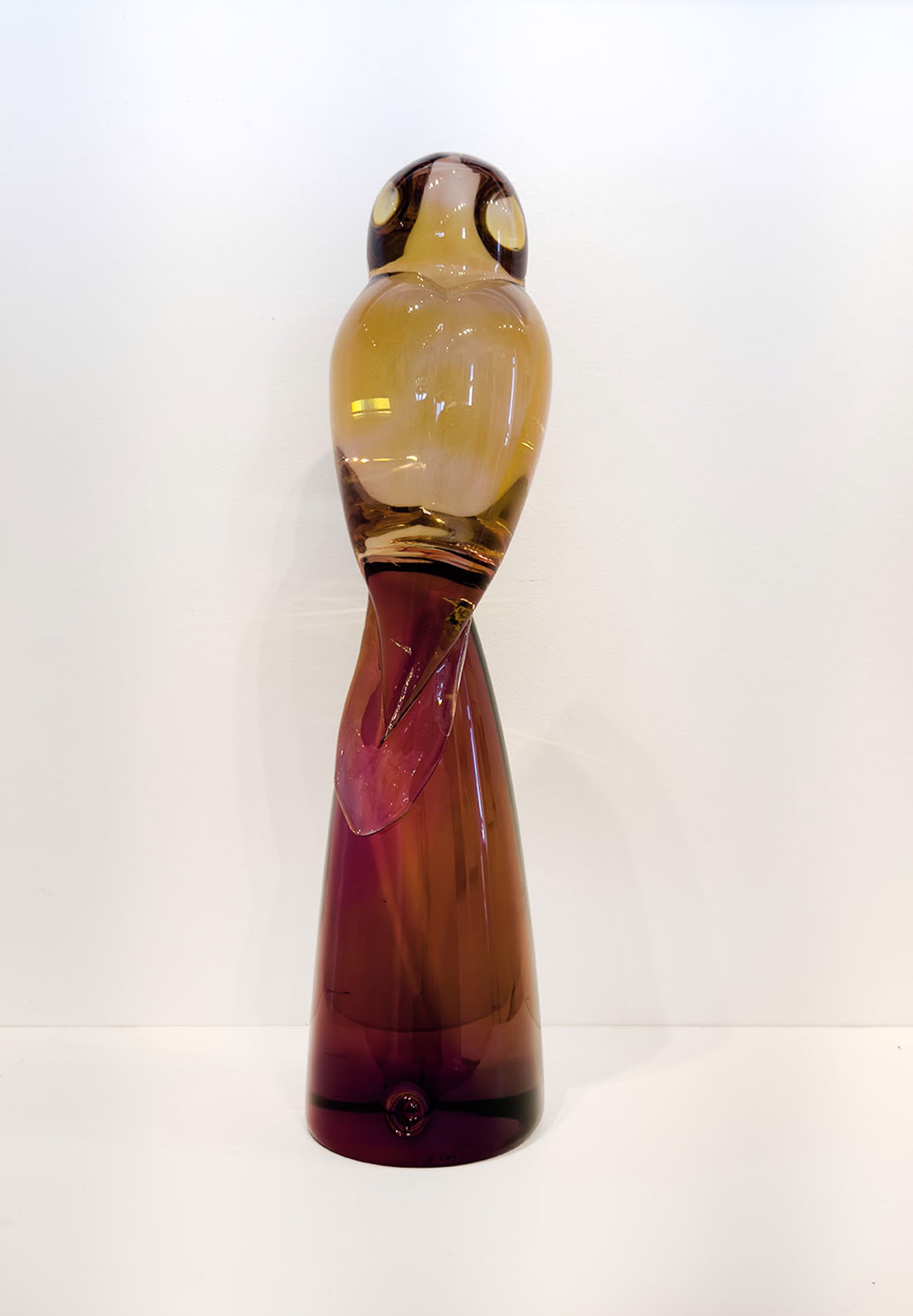 Original Hand Blown Glass Sculpture By Dan Friday Featuring A Yellow Owl Perched On Magenta Totem