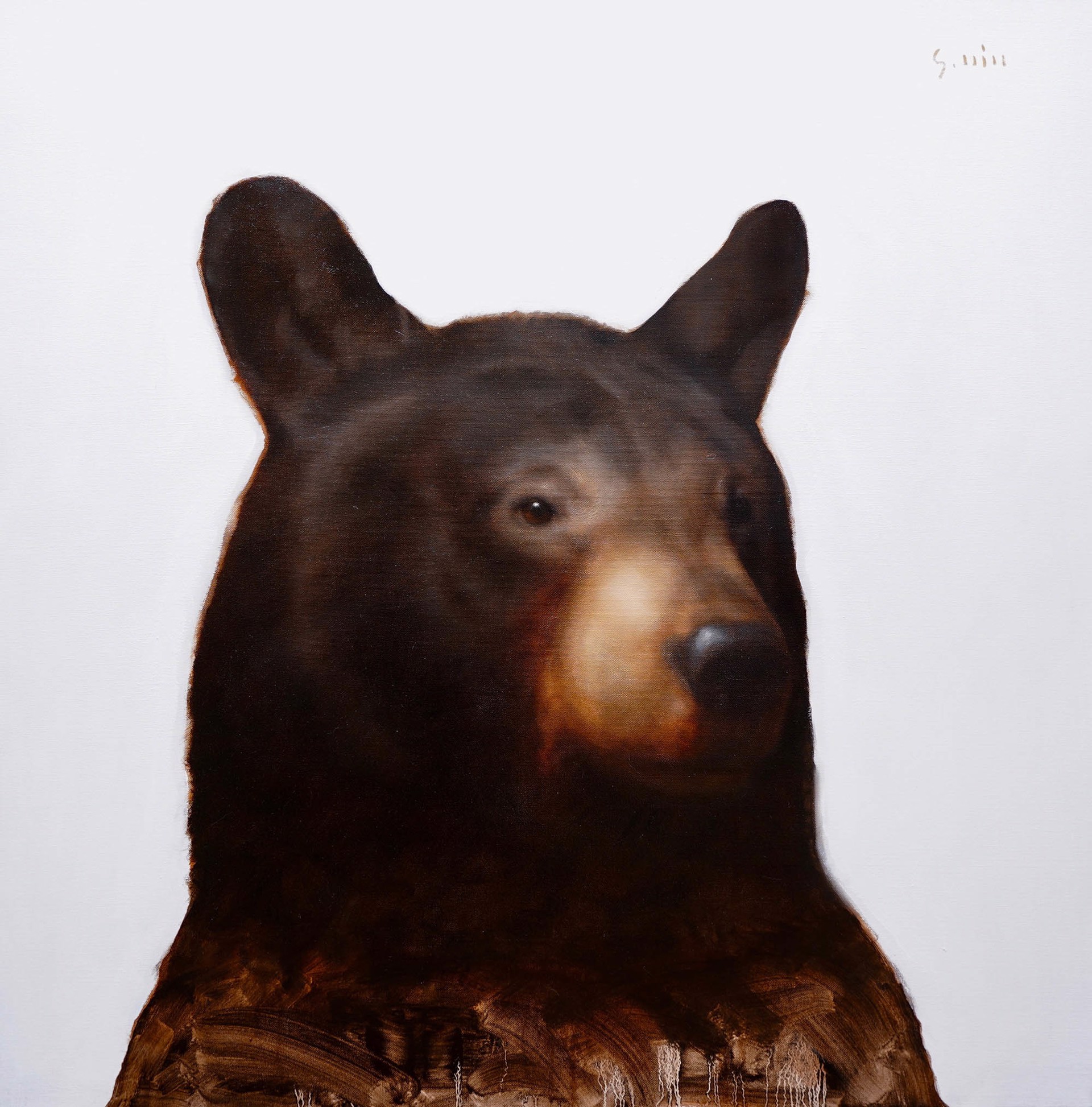 Original Oil Painting Featuring A Black Bear Portrait On White Background