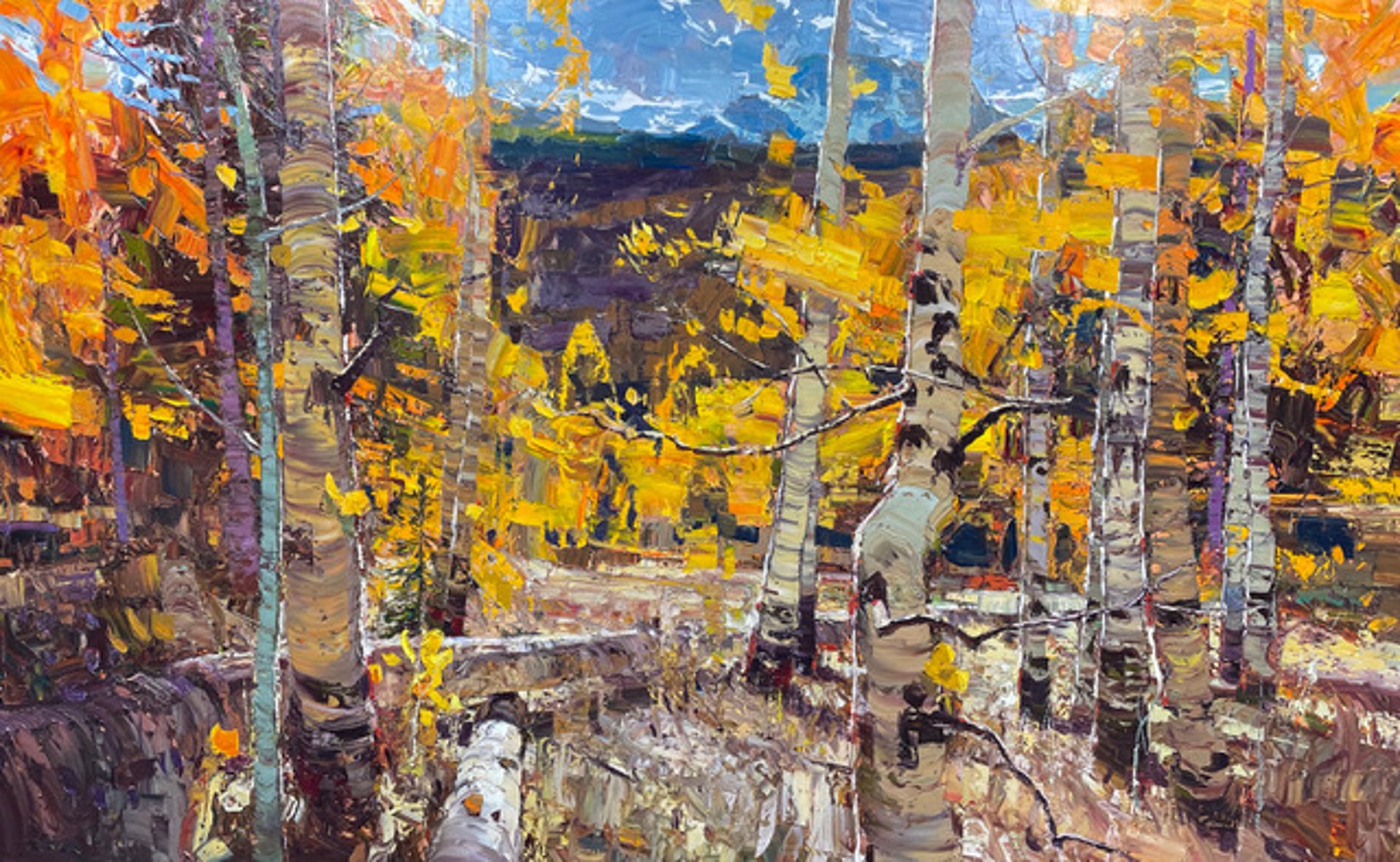 A Contemporary Palette Knife Painting Of Fall Aspens Framing A Mountain In The Distance By Silas Thompson At Gallery Wild