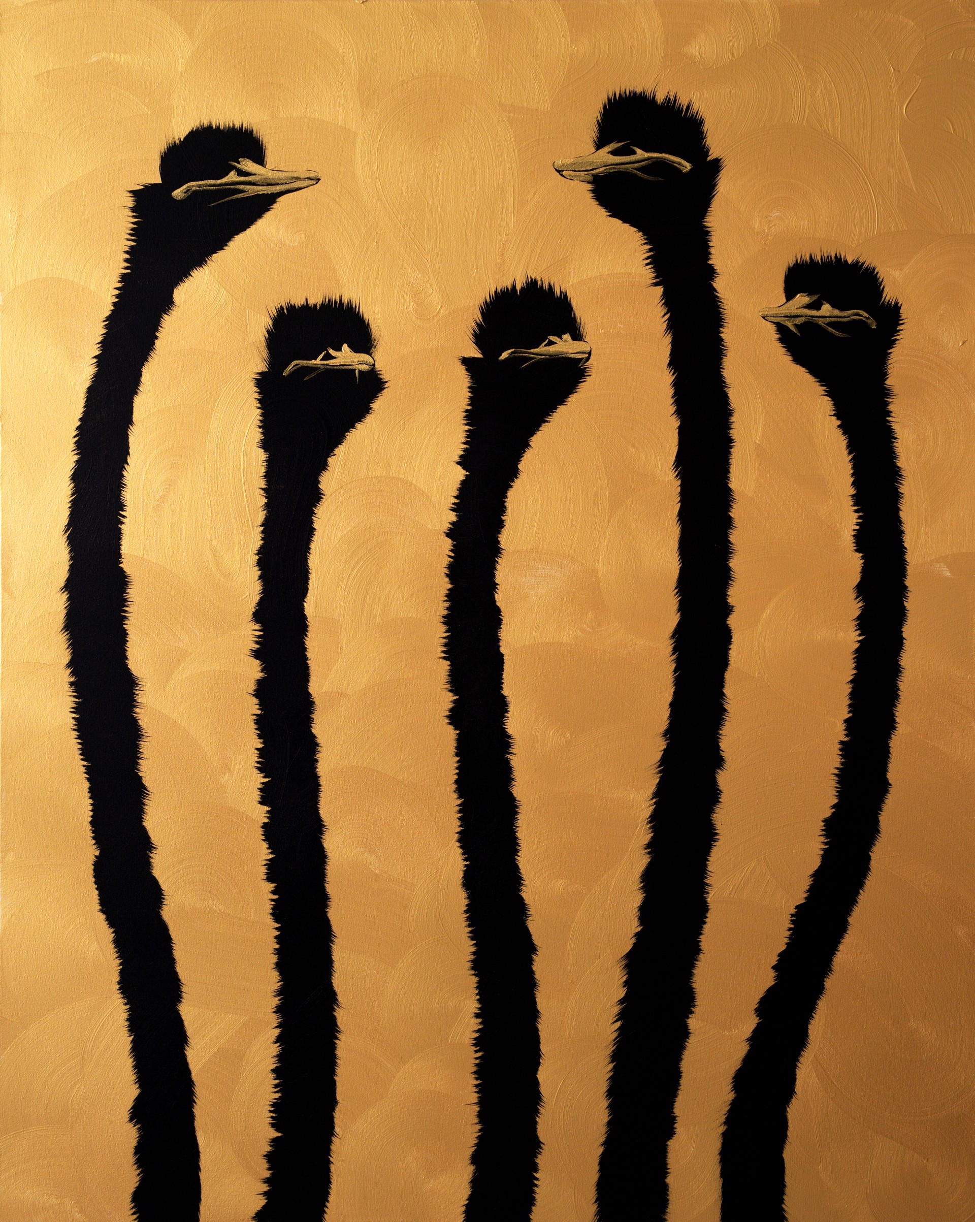 Five Gold Ostrich On Gold Swirls by Josh Brown