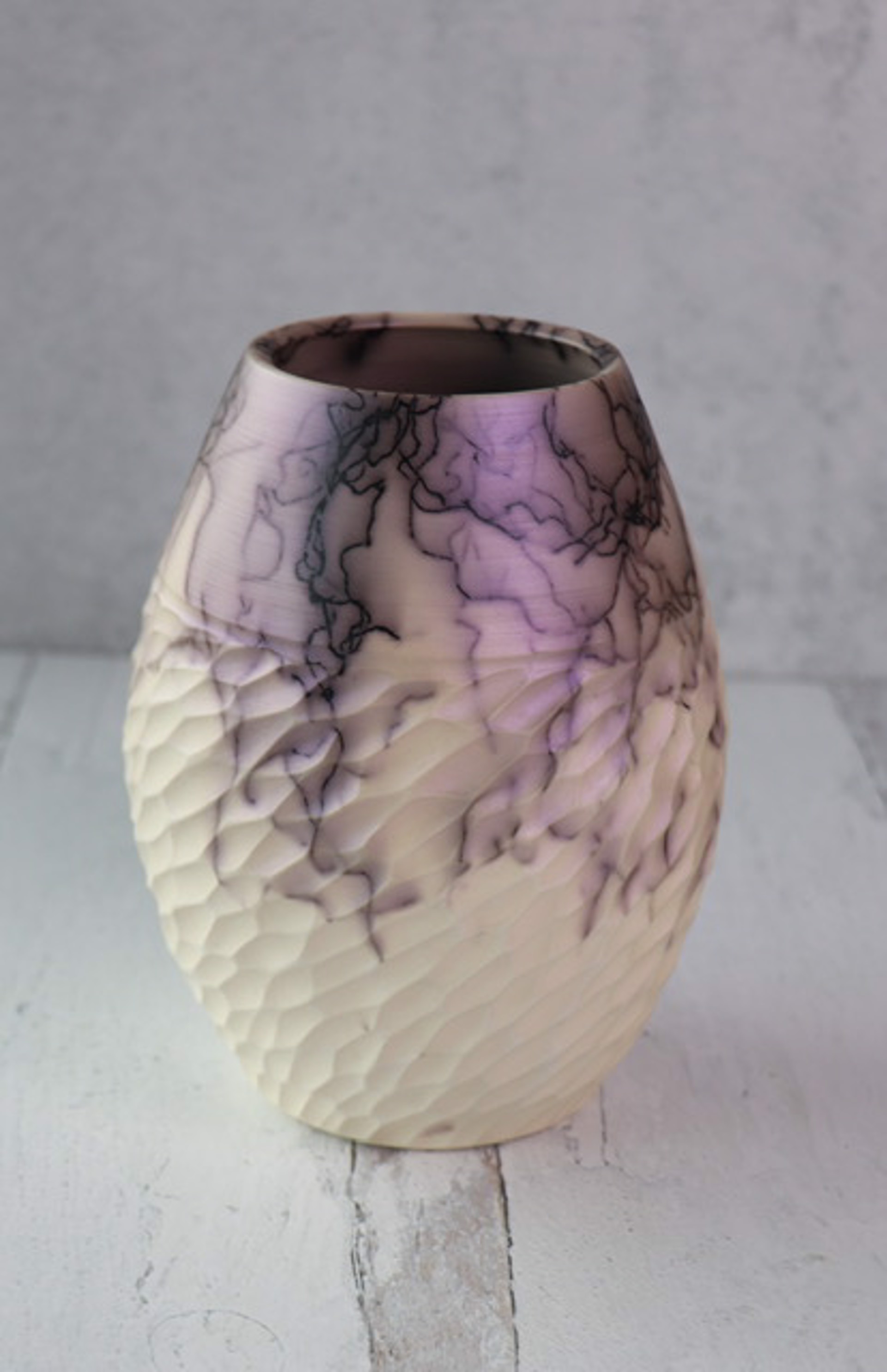 Purple Mica with Hand Carved Texture Horse Hair Pottery by Caroline Renée Woolard
