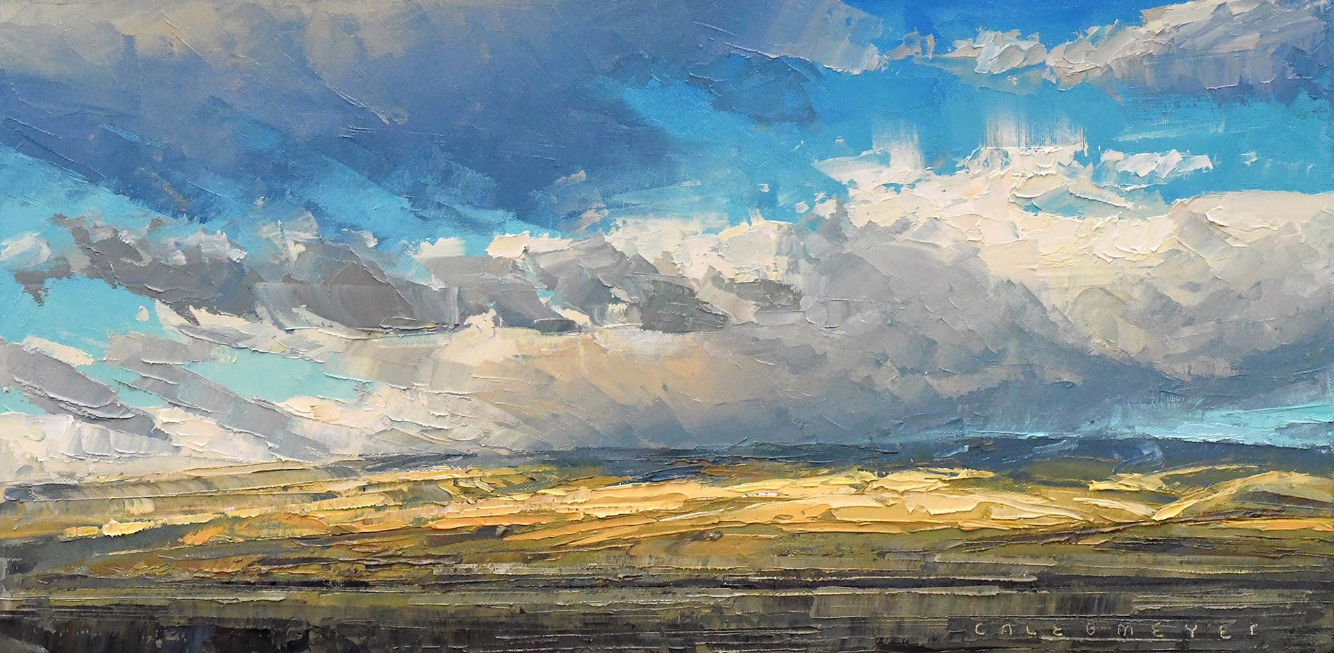 Original Oil Painting By Caleb Meyer Featuring A Hill Landscape With Big White Clouds