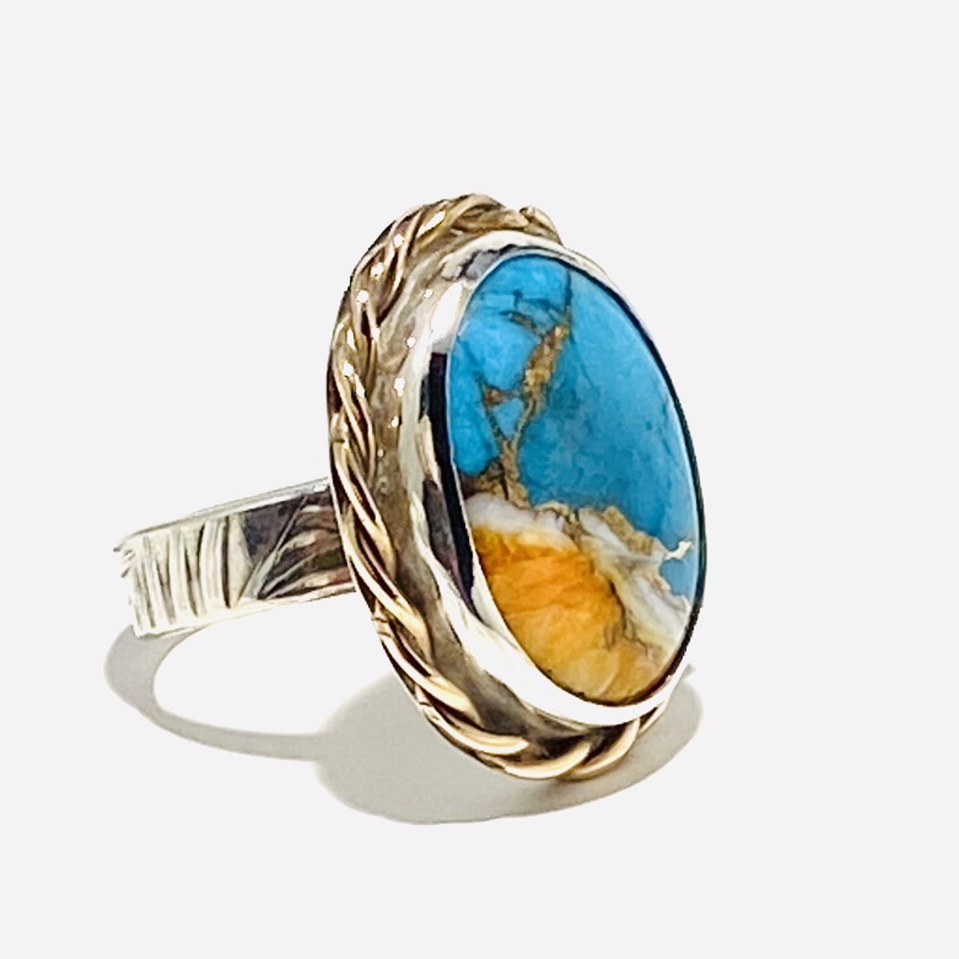 AB23-5 Oval Cabochon Turquoise Spiney Oyster Bronze (composite) Broze Rope Bezel Ring sz9.5 by Anne Bivens