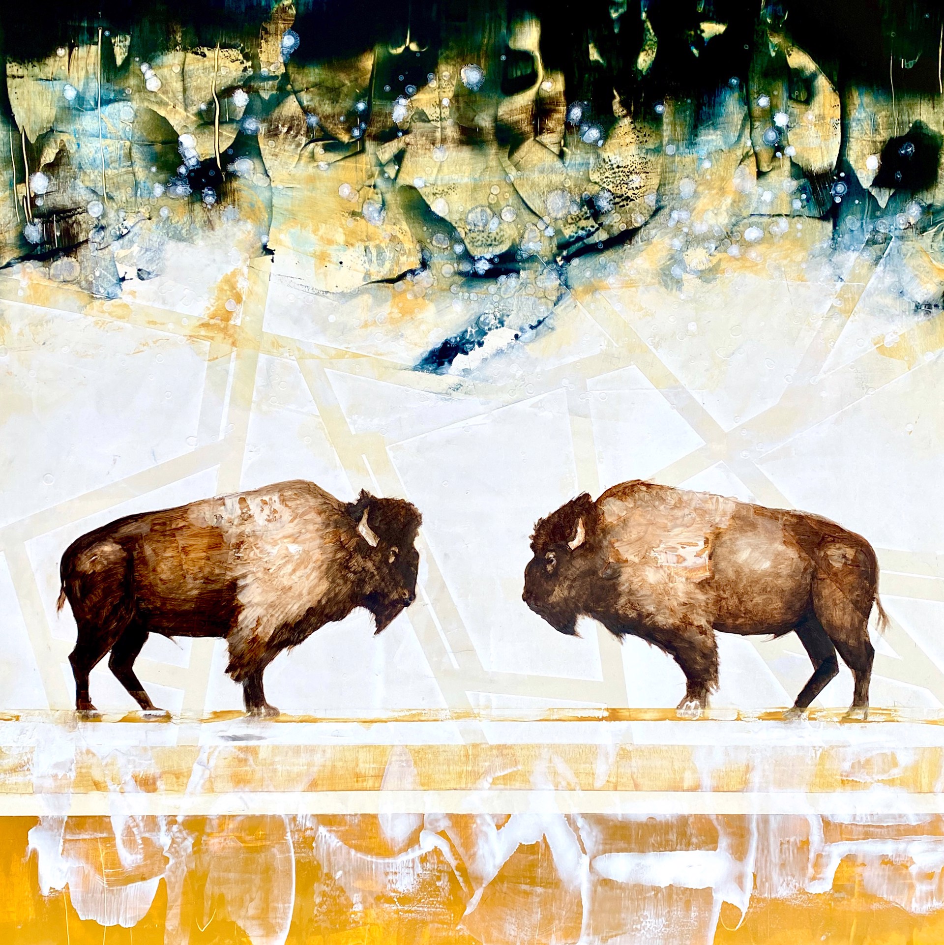 Original Oil Painting By Jenna Von Benedikt Of Two Bison Facing Each Other In An Abstract Background