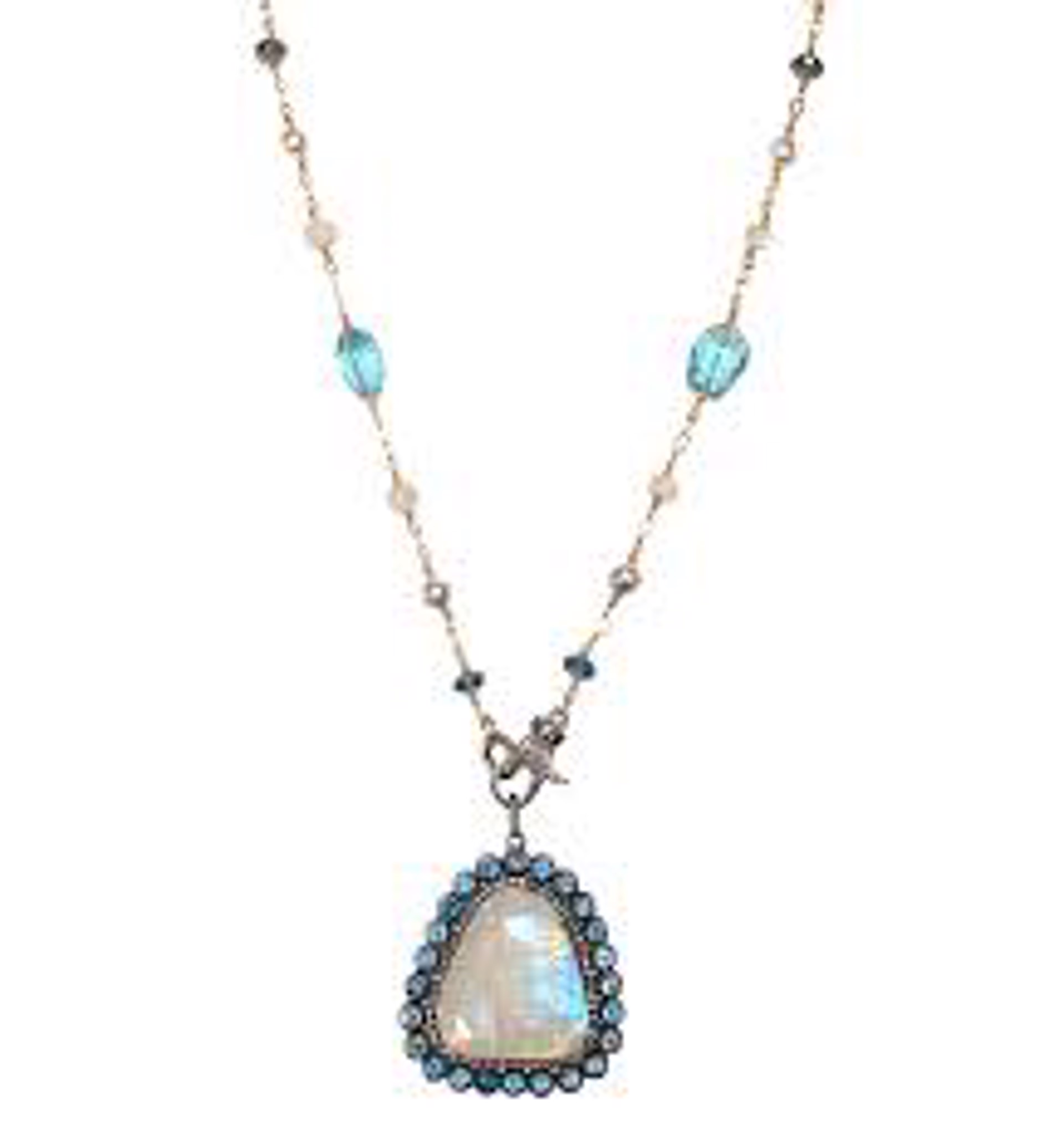Rainbow Moonstone Pendant necklace with blue topaz by Melinda Lawton Jewelry
