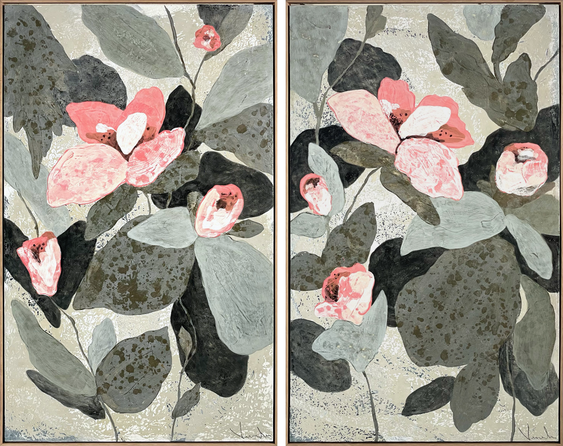 Quiet Moments 7 & 8 (Diptych) are a pair of mirroring paintings, by Vesela Baker, both 48"H x 30"W and made of acrylic on wood.