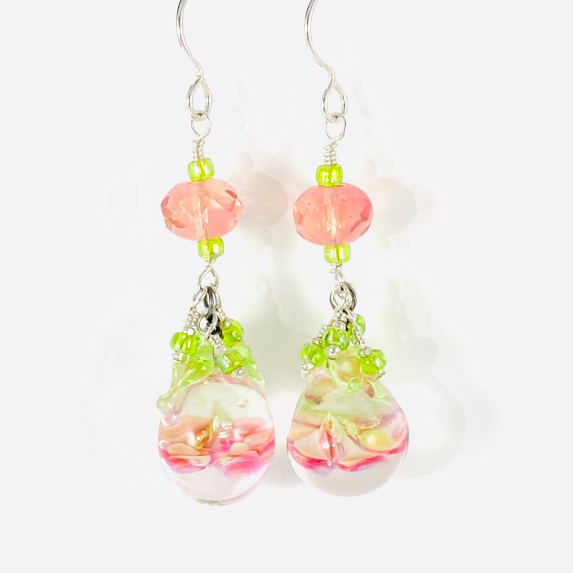 Pink and Green Flower Earrings by Linda Sacra