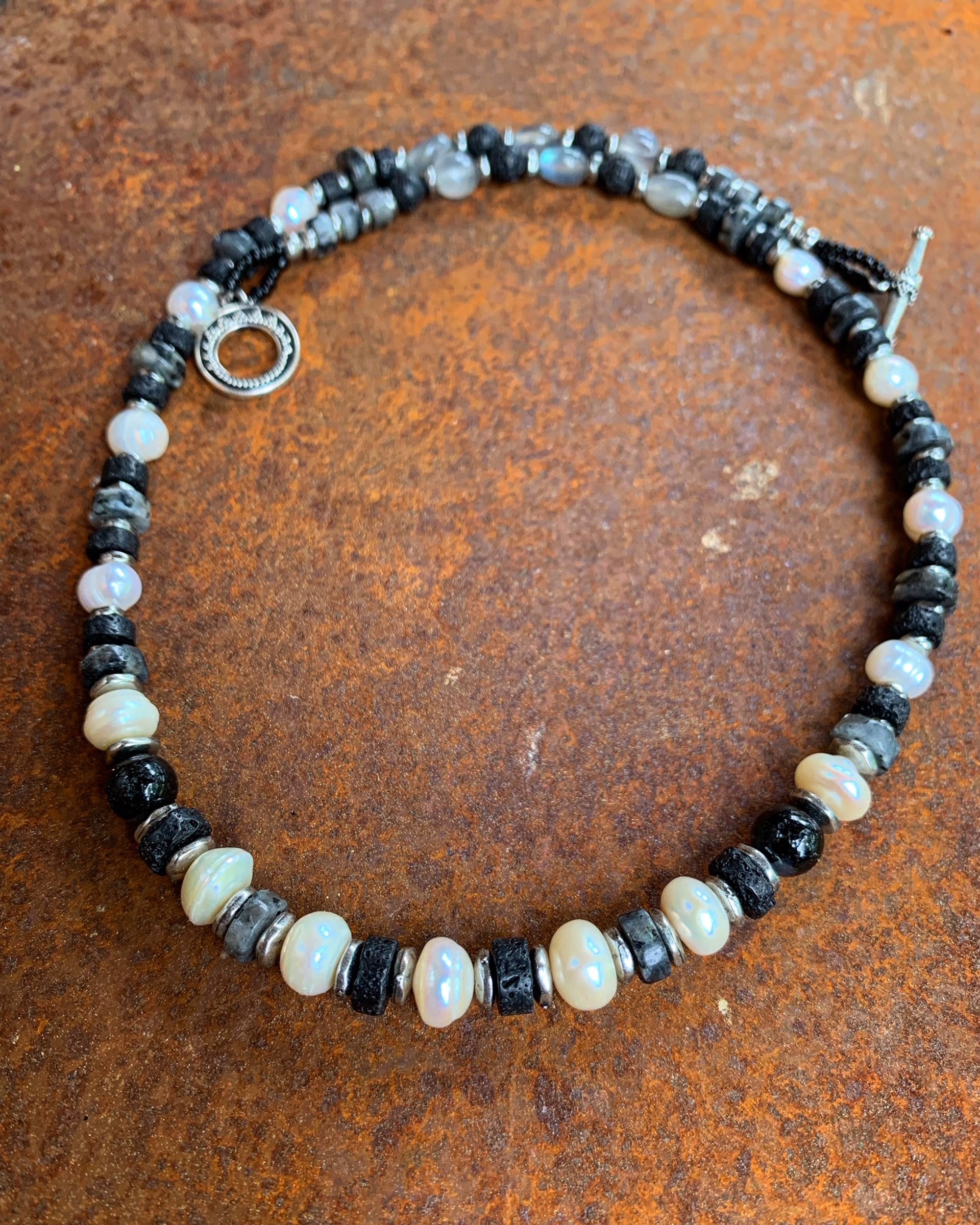 K856 Cultured Pearl Necklace with Labradorite and Lava by Kelly Ormsby