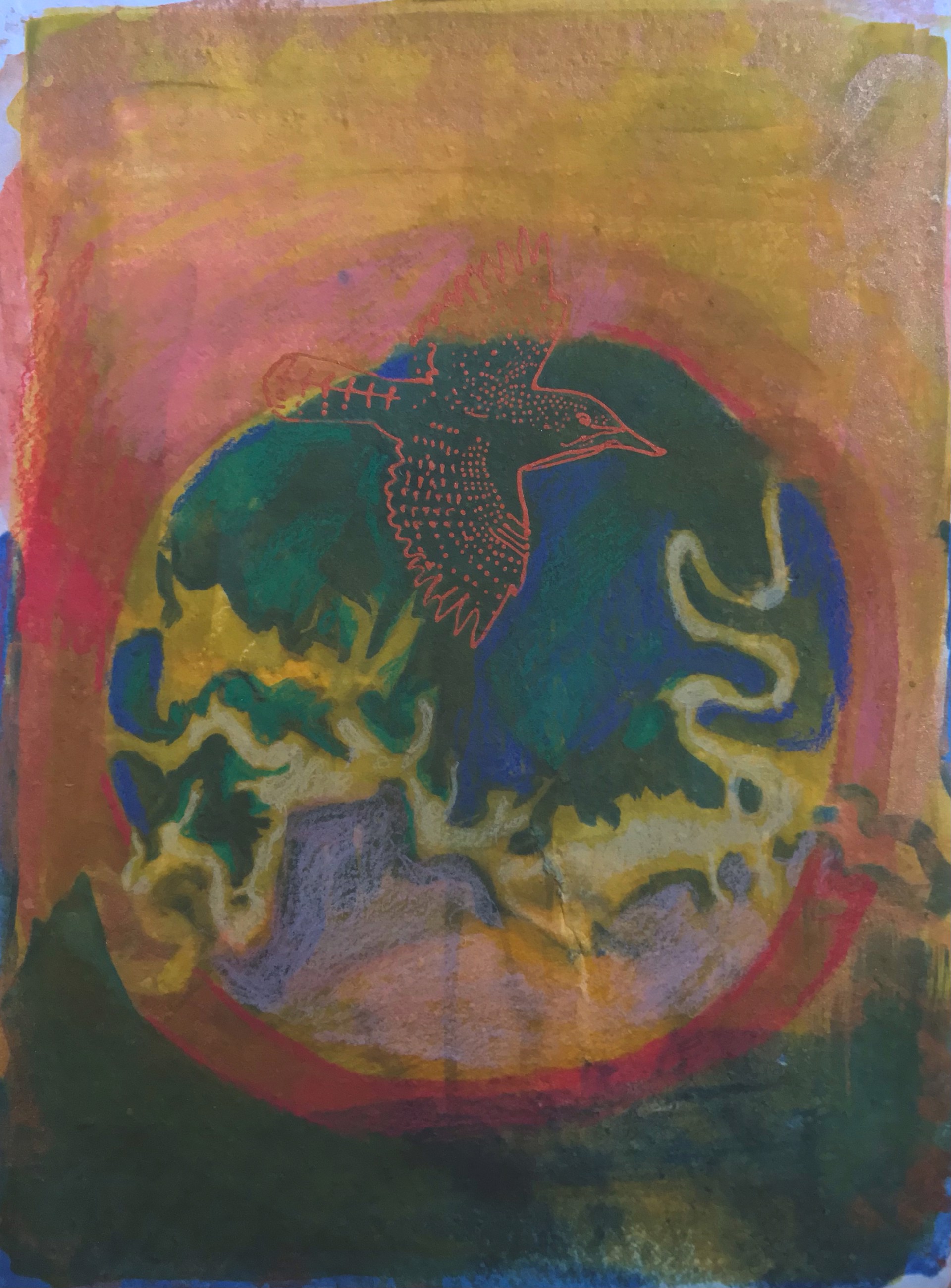 Untitled cyanotype 2 (multicolored lake aerial view with wren) by Jacqueline May