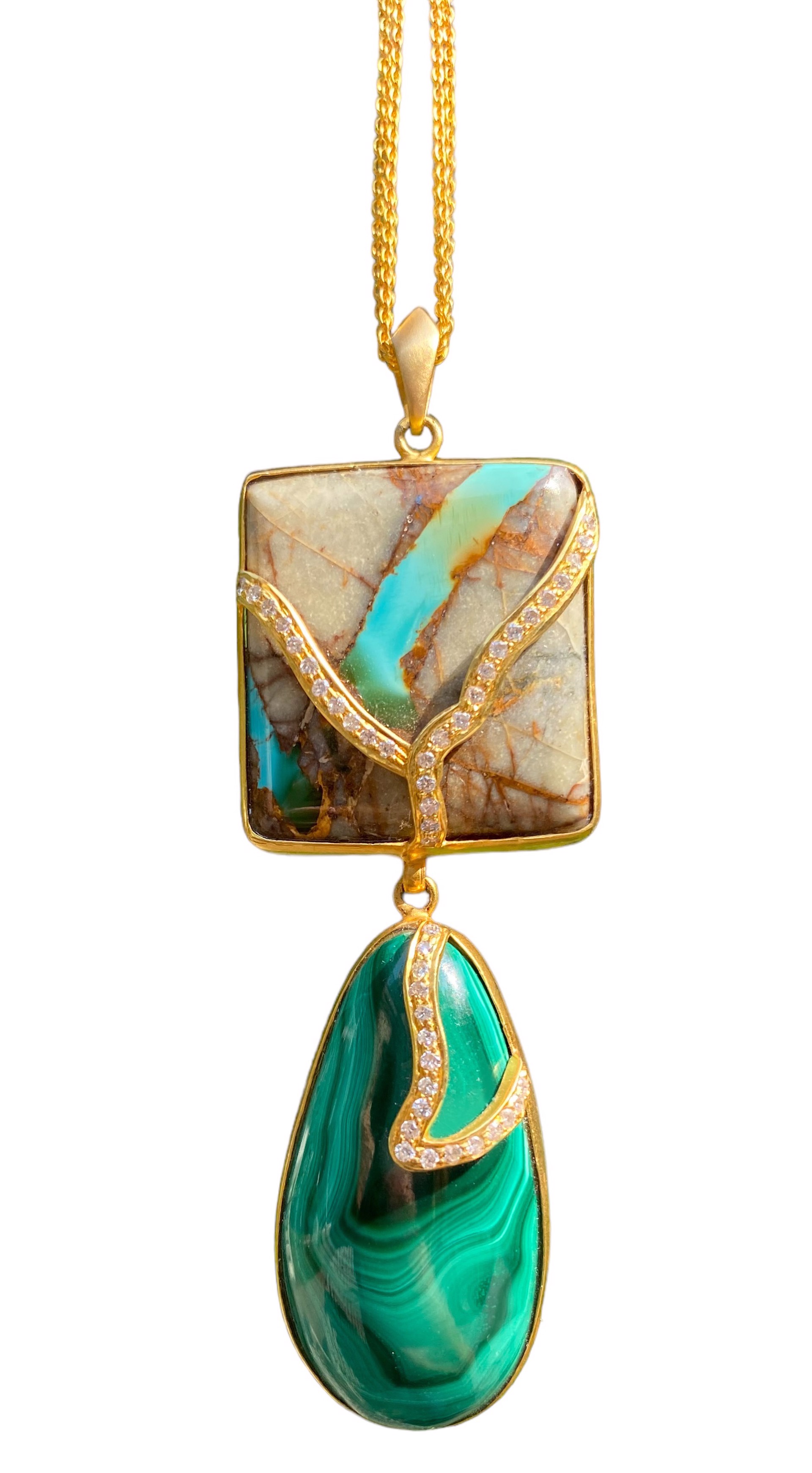 Malachite, Turquoise and  Diamond Pendant by Lauren Harper