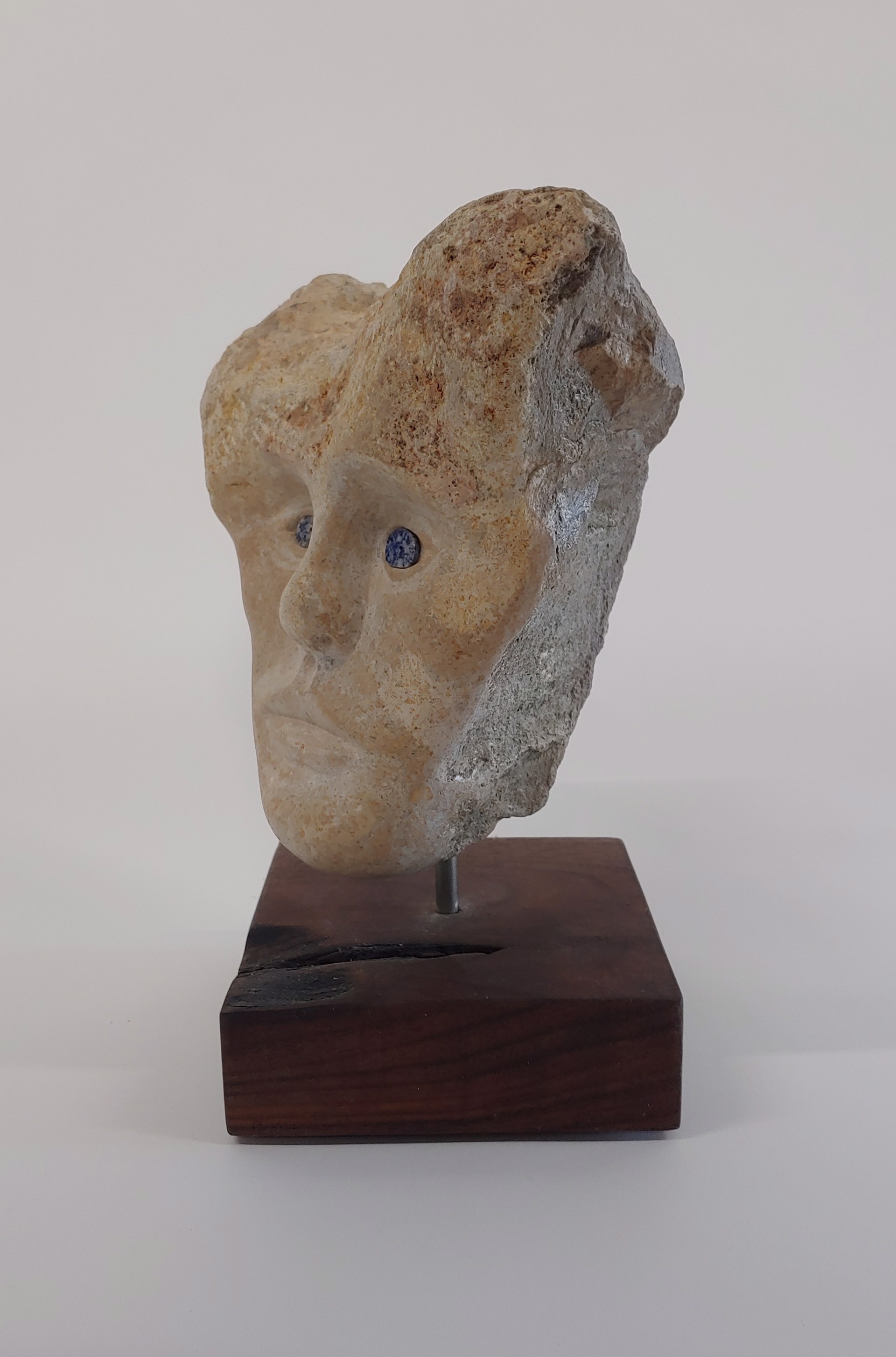 Stone Head with Abalone Eyes - Stone Sculpture by David Amdur