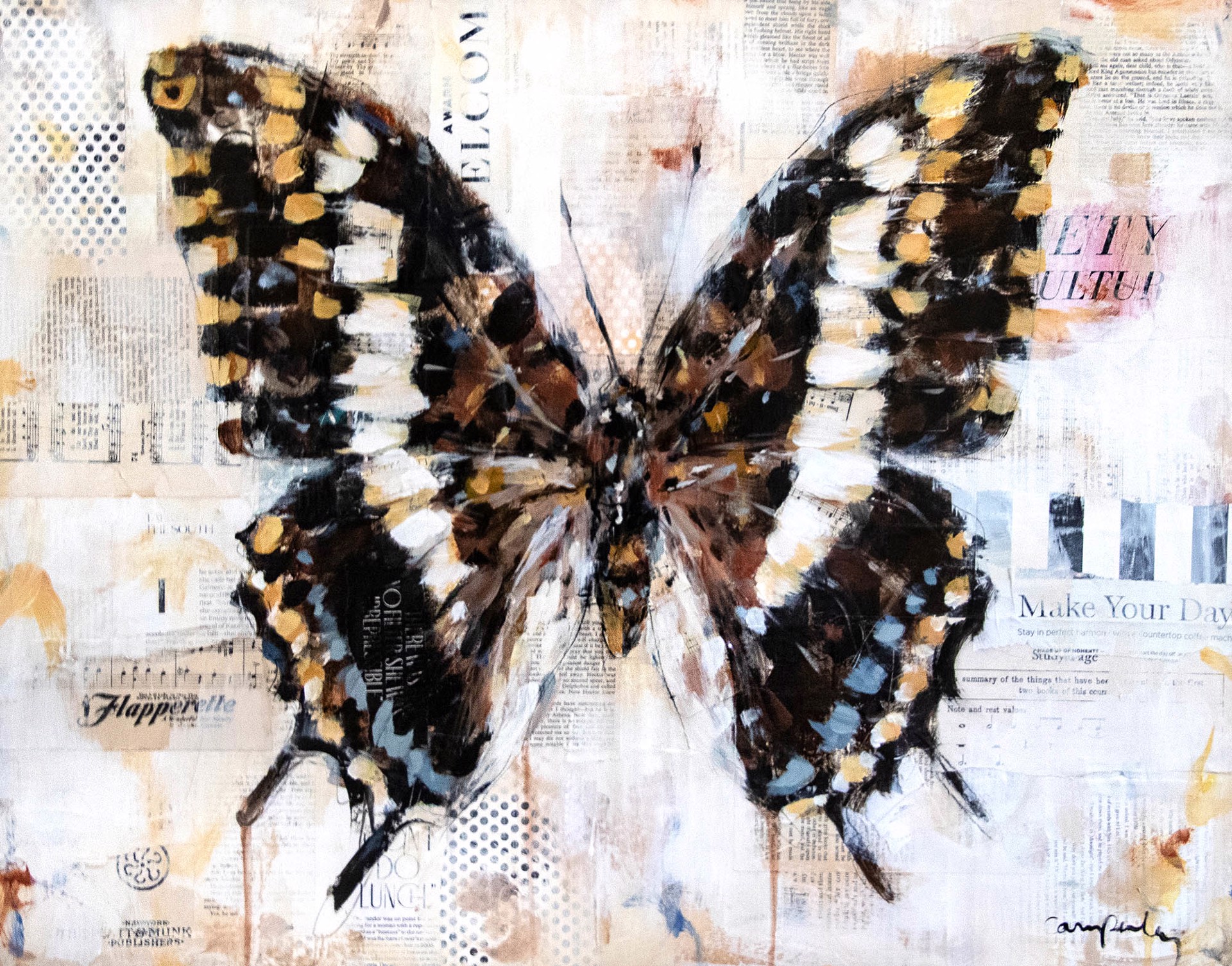 Original Mixed Media Painting Featuring A Black, Yellow And White Butterfly With Collage Background