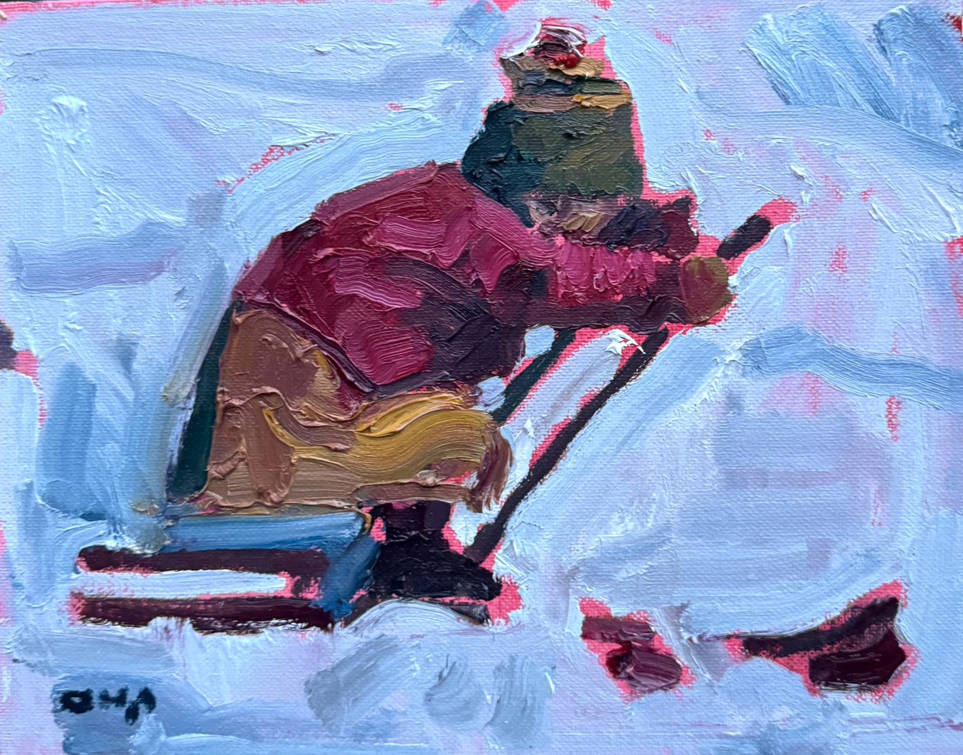 Original Oil Painting by Aaron Hazel Featuring A Vintage Ski Figure