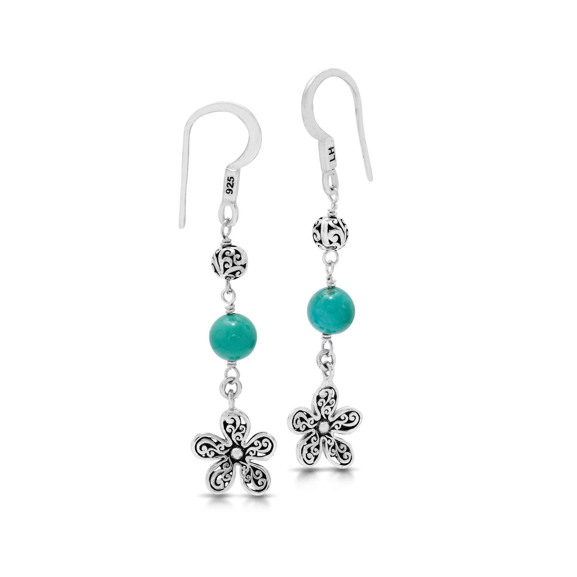 Scroll Flower Charms Blue Turquoise Drop Earrings by Lois Hill