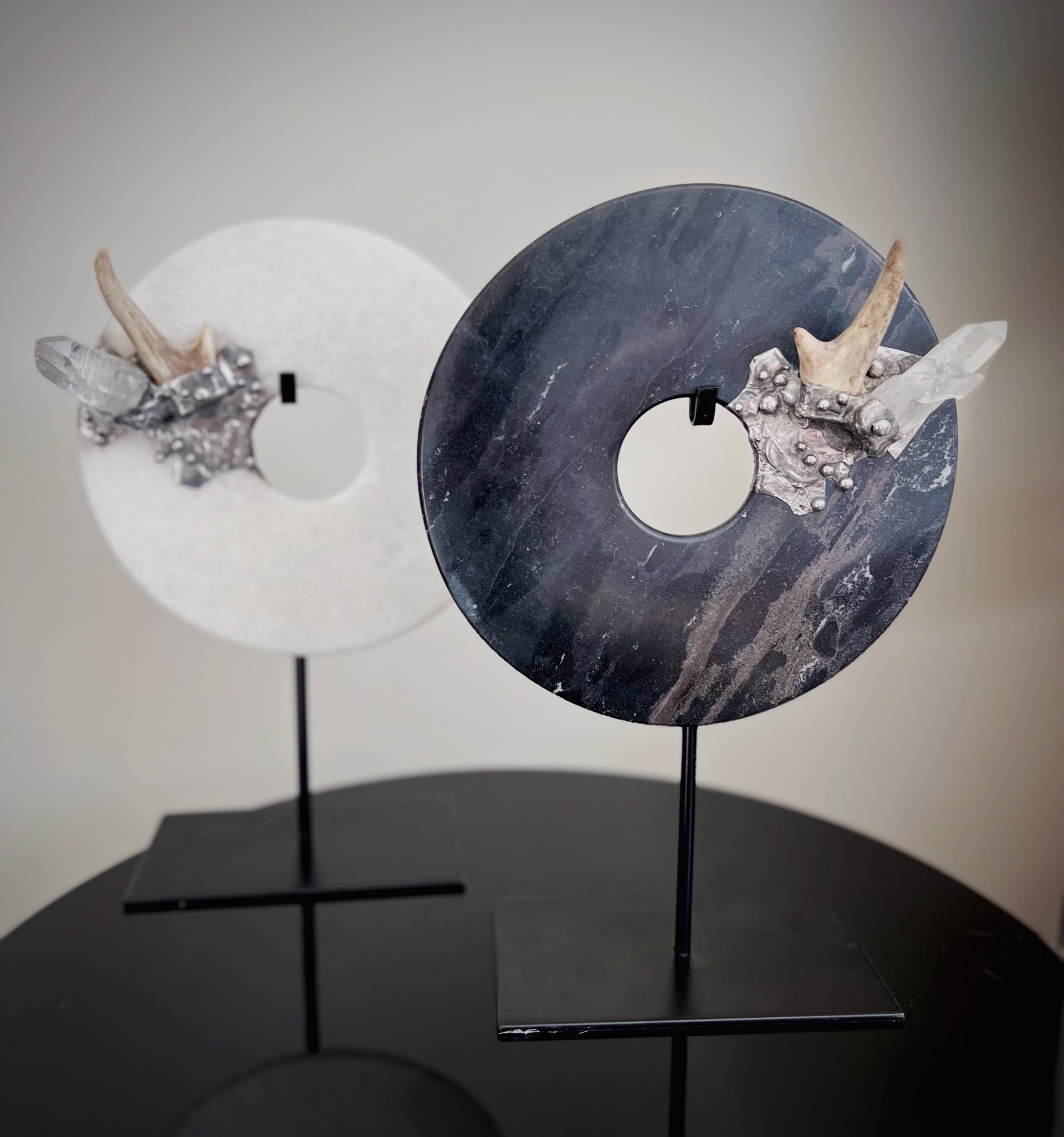 Stone Disks with Quartz/Antlers on Stand by Trinka 5 Designs