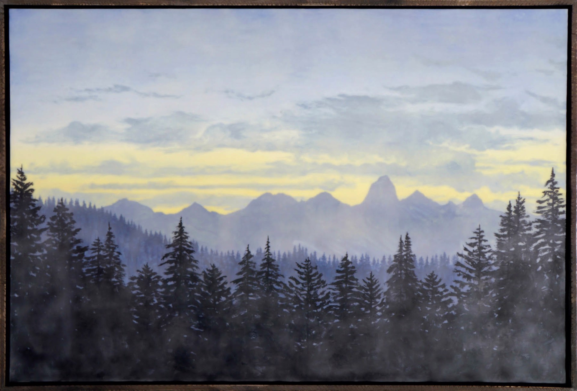 Original Encaustic Landscape Painting Featuring Blue To Yellow Gradient Sky, Mountain Range And Pine Trees