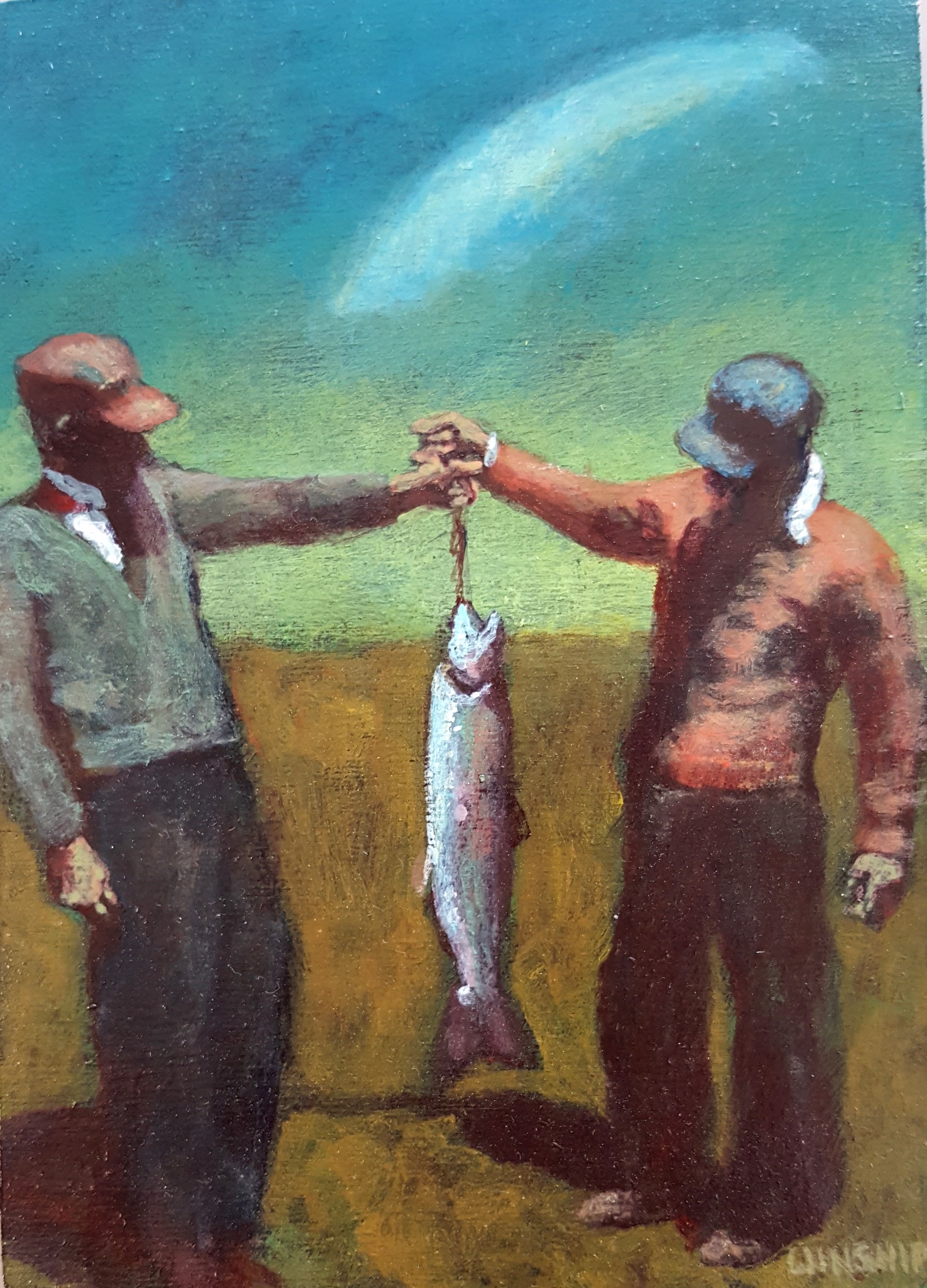 TWO MEN HOLDING A FISH by JOHN WINSHIP