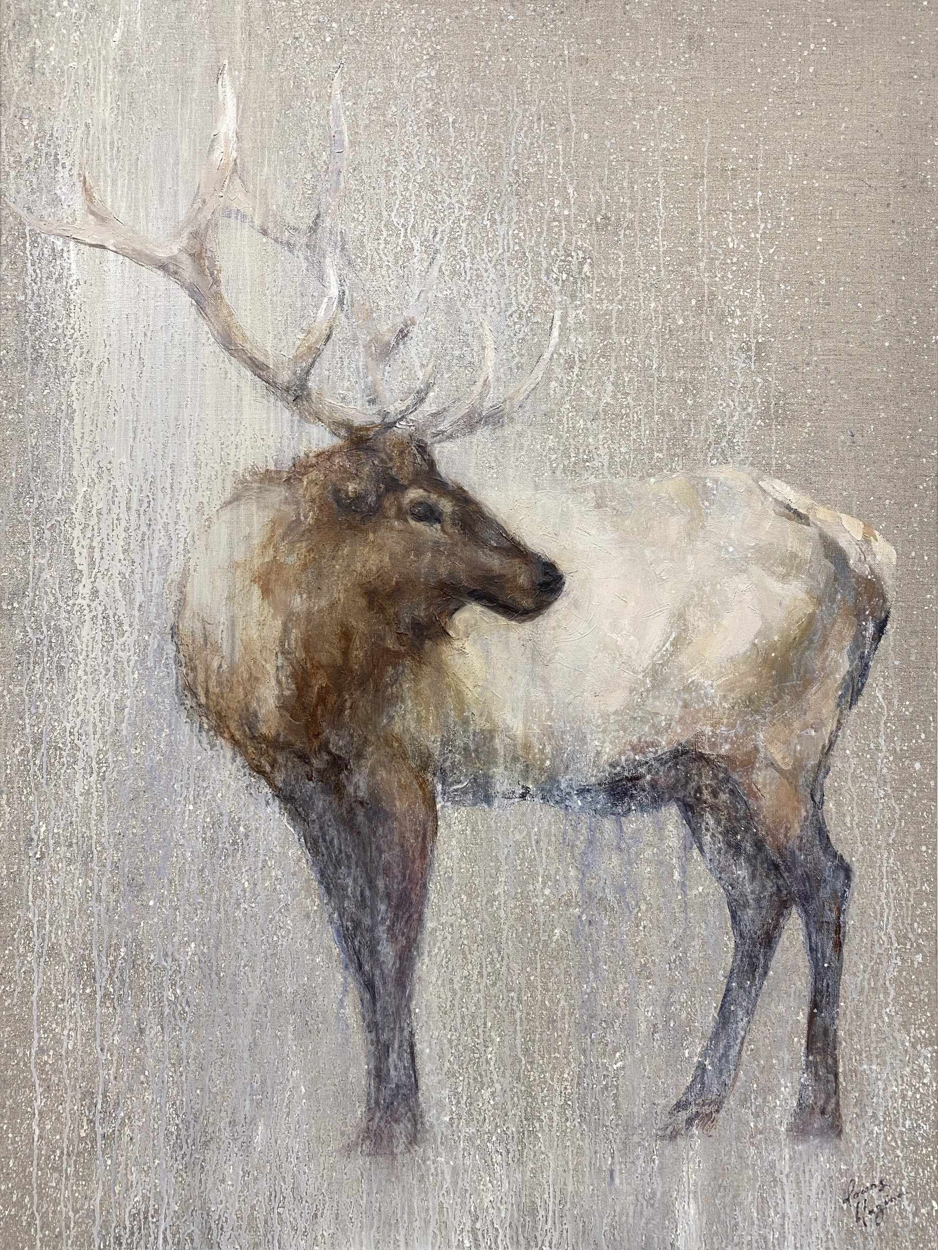 Contemporary Oil Painting Of A Bull Elk Standing Profile Looking Backwards  With White Drips And Splatters, By Amber Blazina