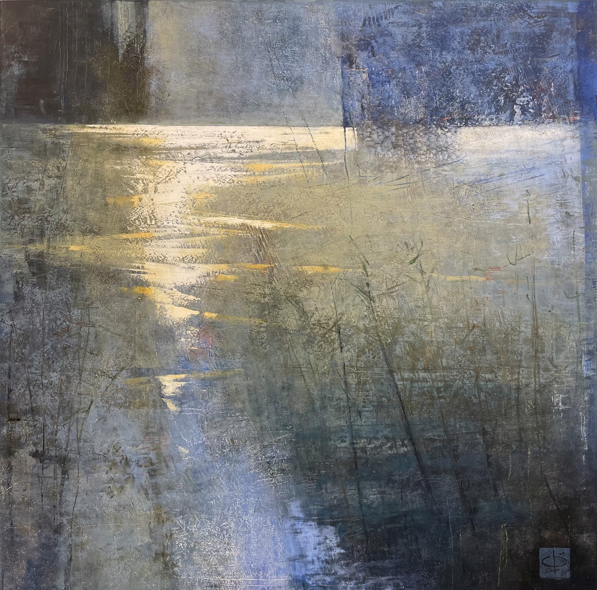 abstracted landscape, original oil and cold wax, landscape, blue and golds, square moonlight painting, night time painting  