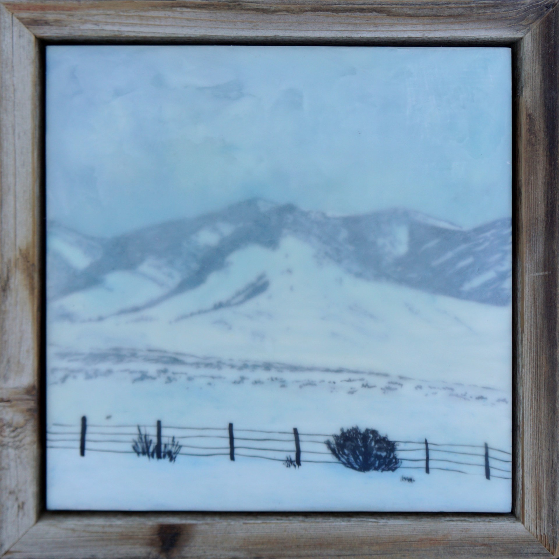 An Original Encaustic And Milk Paint Painting Of A Misty Snow Covered Field With A Wire Fence In The Foreground And Misty Mountains Behind Lands, By Bridgette Meinhold