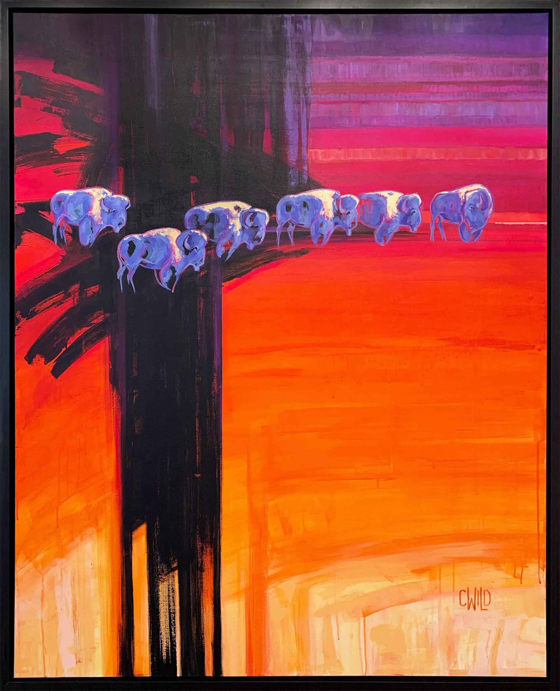 A Contemporary Orange And Purple Painting Of Bison By Carrie Wild