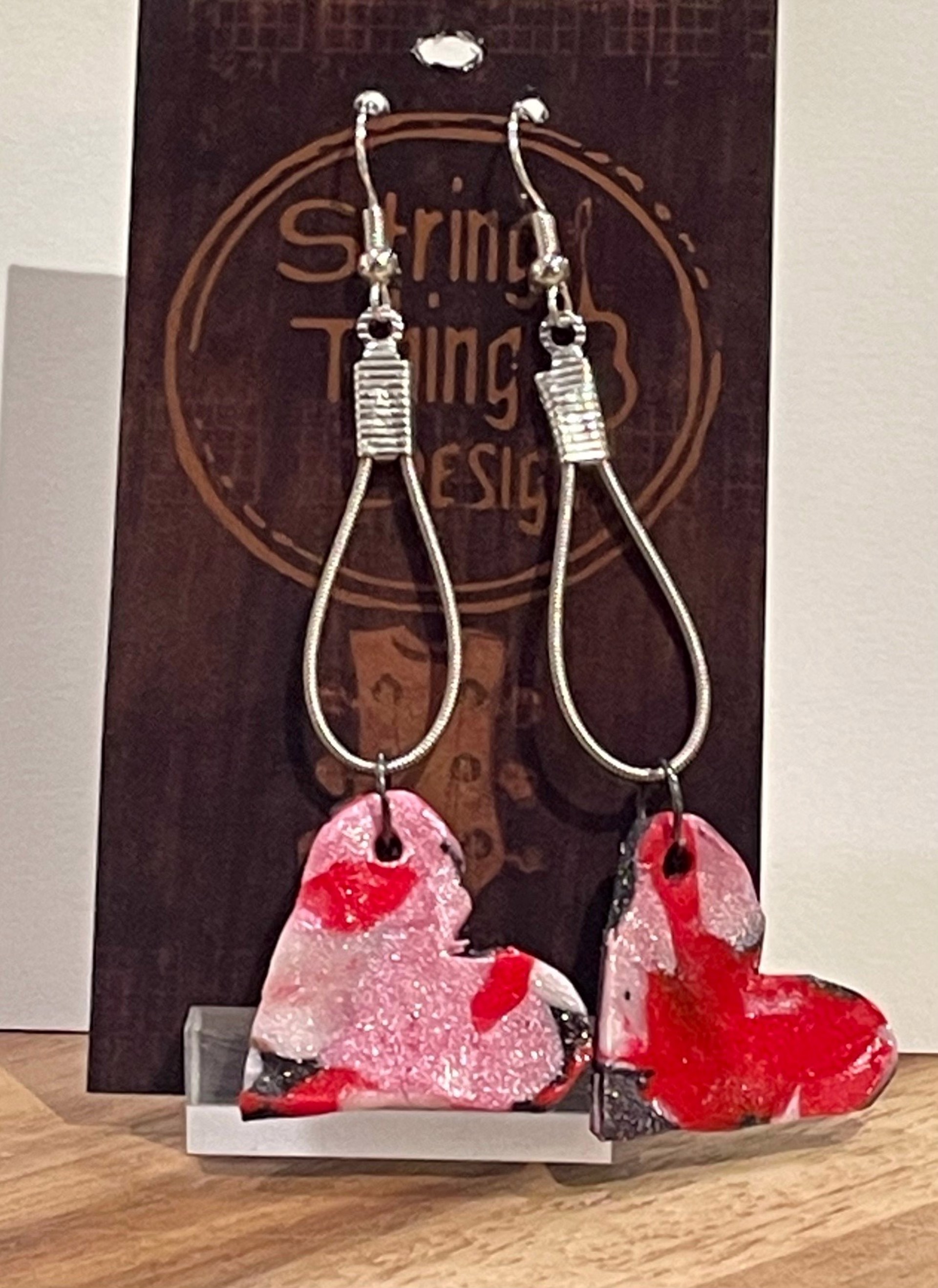 Pink and Red Heart Guitar String Earrings by String Thing Designs