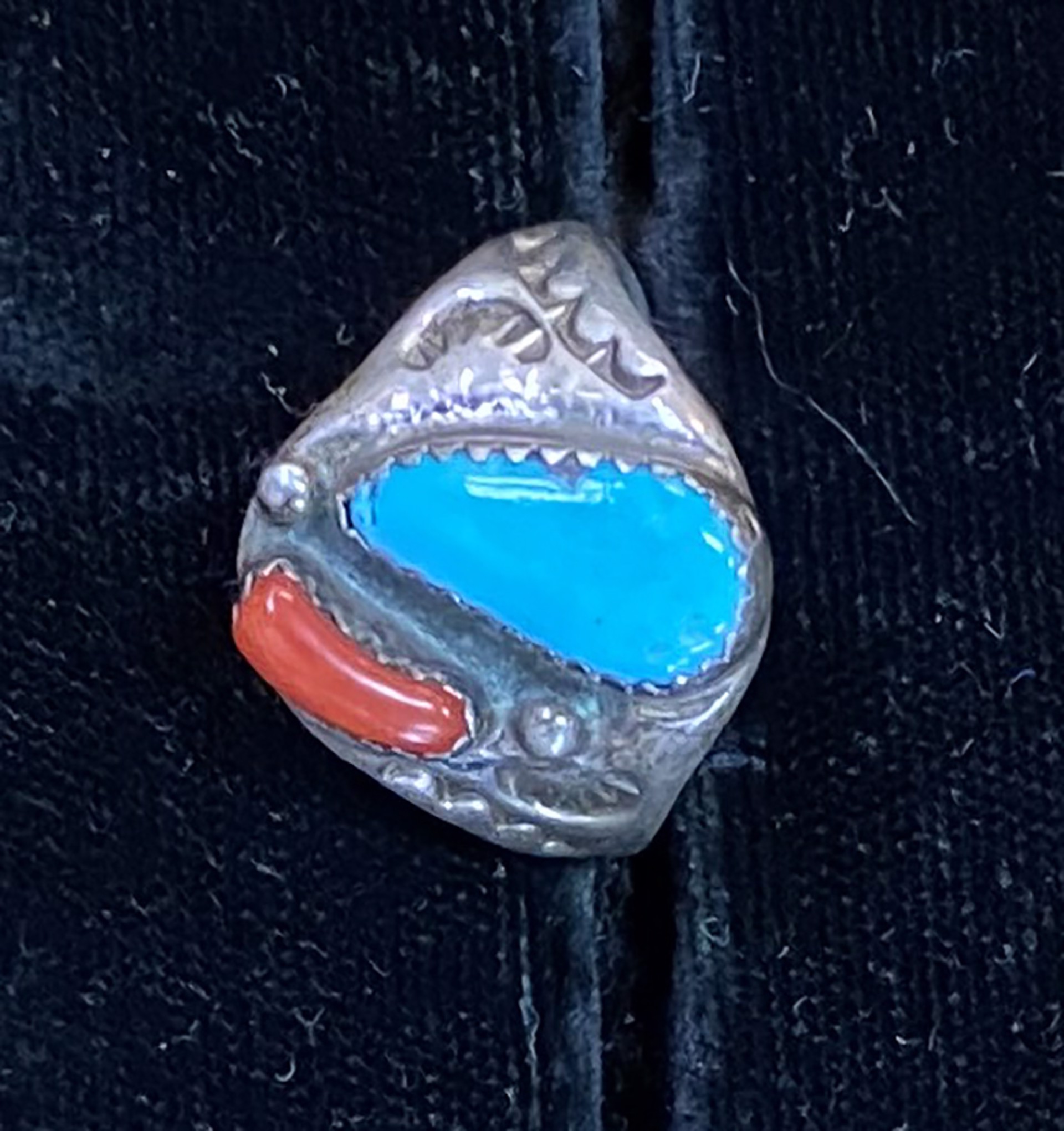 Turq. coral, silver ring, 2 silver balls, stamp design-KB004 by Karen Bell