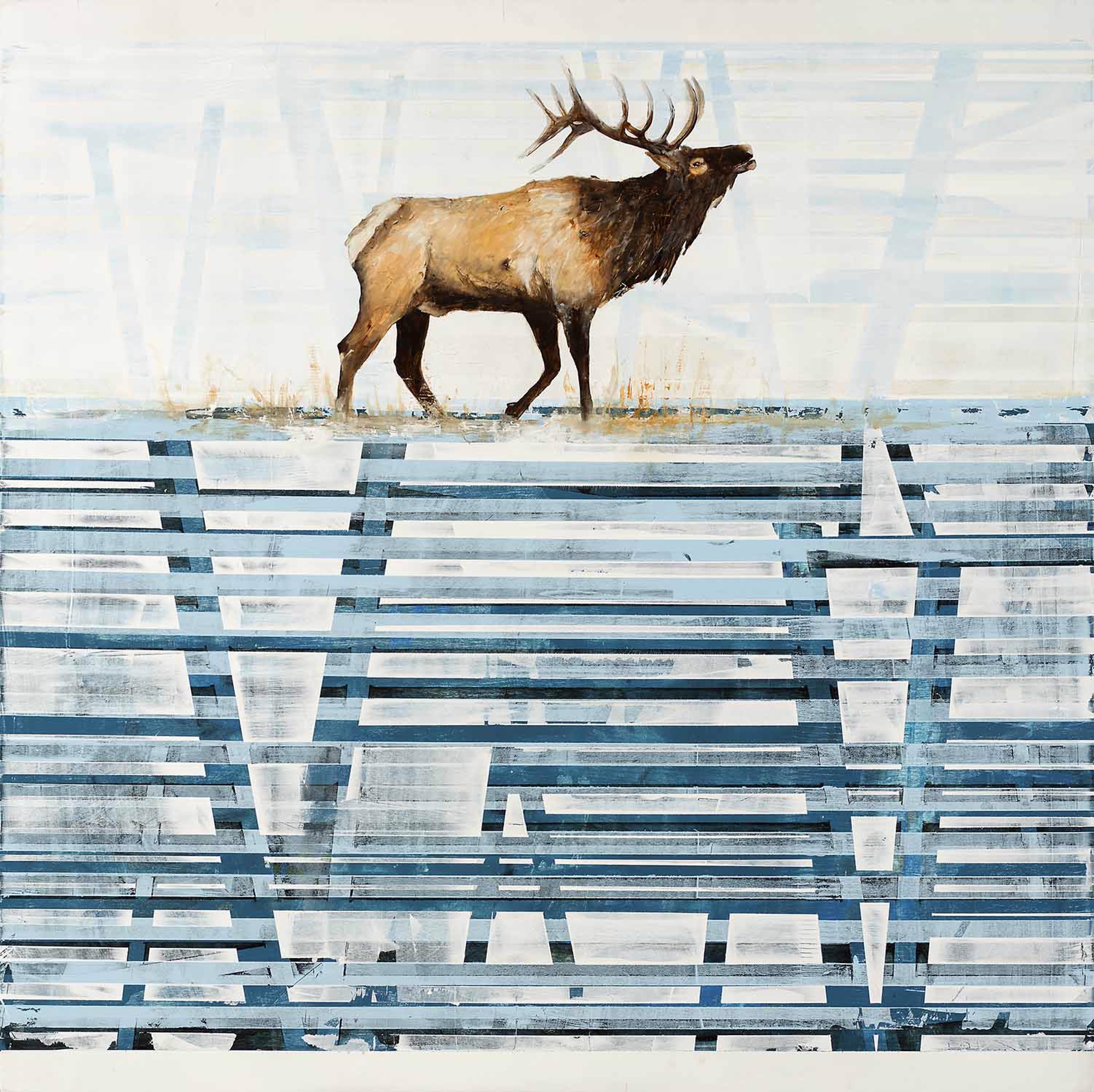 Original Oil Painting Of A Bull Elk Walking On An Abstract Ground Made Of Blue Lines With A Patterned White And Blue Background, Fine Art By Jenna Von Benedikt