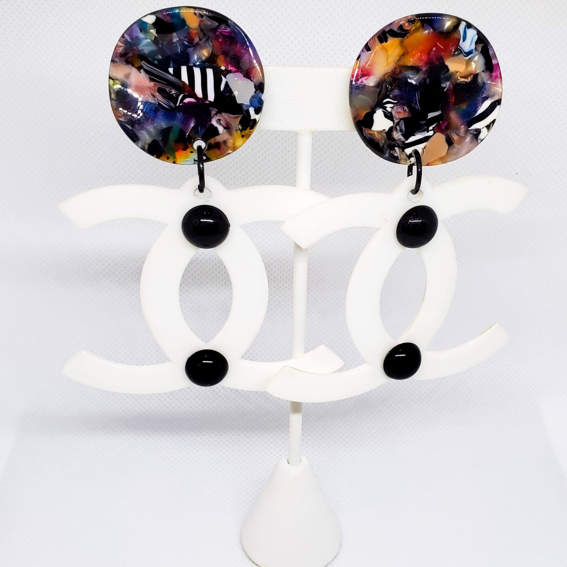 Chanel Inspired Resin and Tops of Inlay Chips of Resin Earrings by Sally Bass
