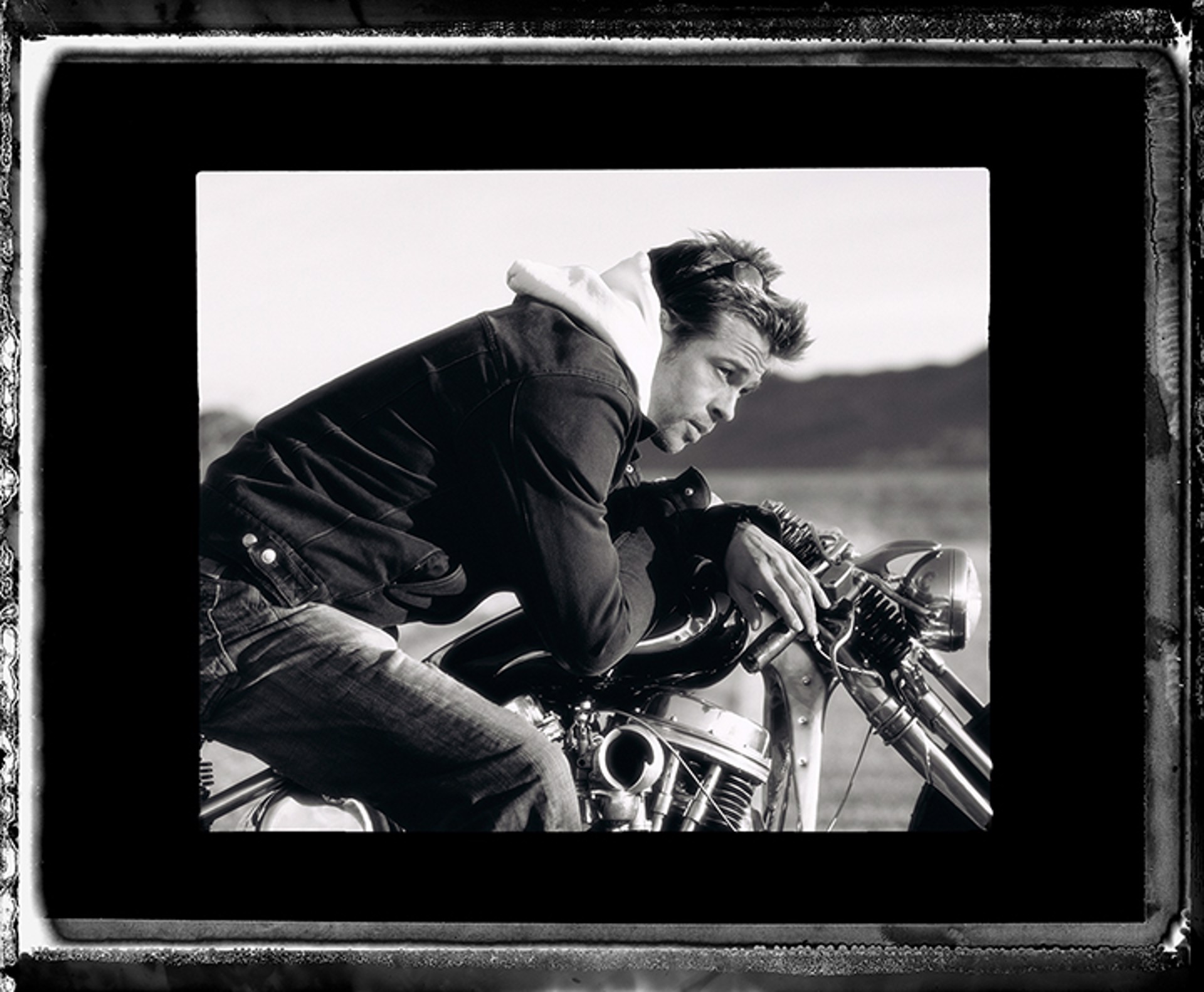 05009 Brad Pitt on Motorcycle Tilted Face BW by Timothy White