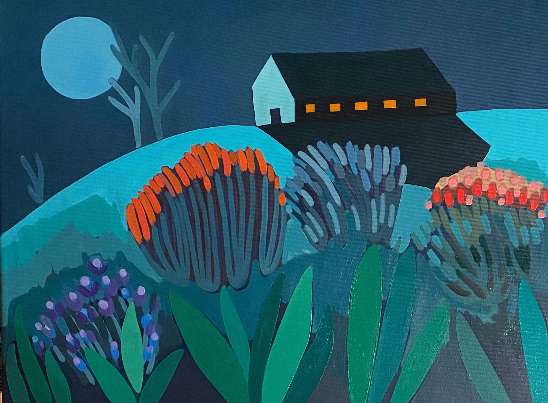 Barn with Full Moon and Flowers on Hill by Sage Tucker-Ketcham