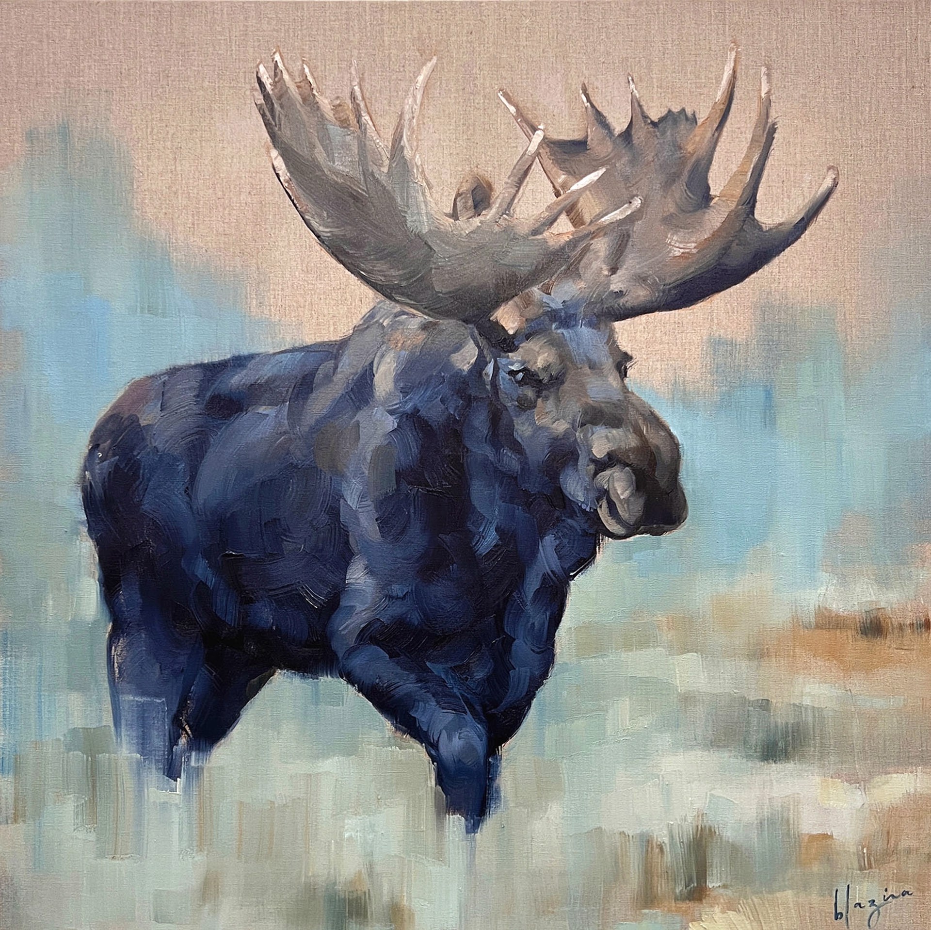 Original Oil Painting Featuring A Moose Over Abstract Turquoise Background With Exposed Linen