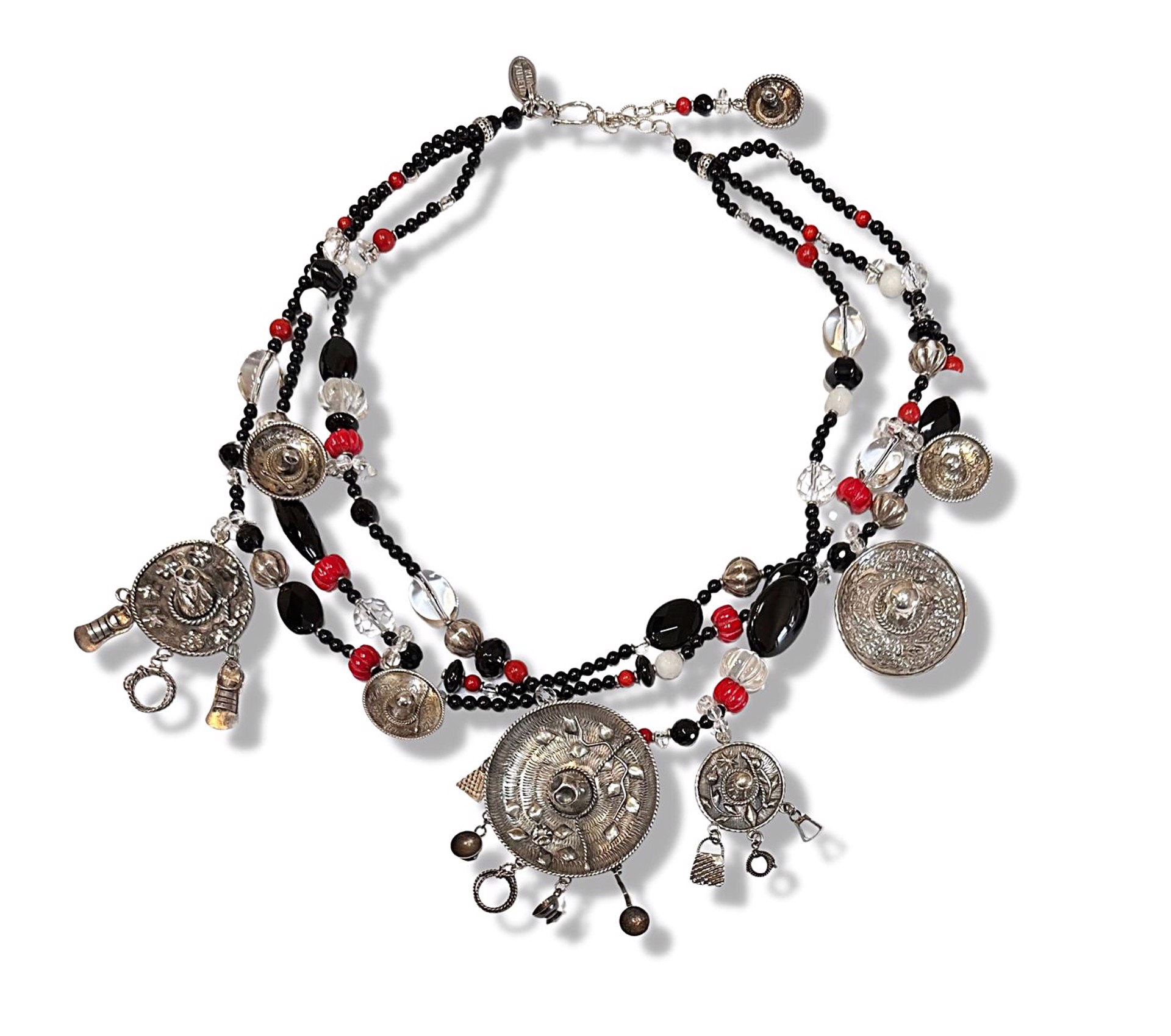 Necklace - 3 Strand Short Onyx and Crystal Coral Vintage Mexican Sombreros #103 by Kim Yubeta